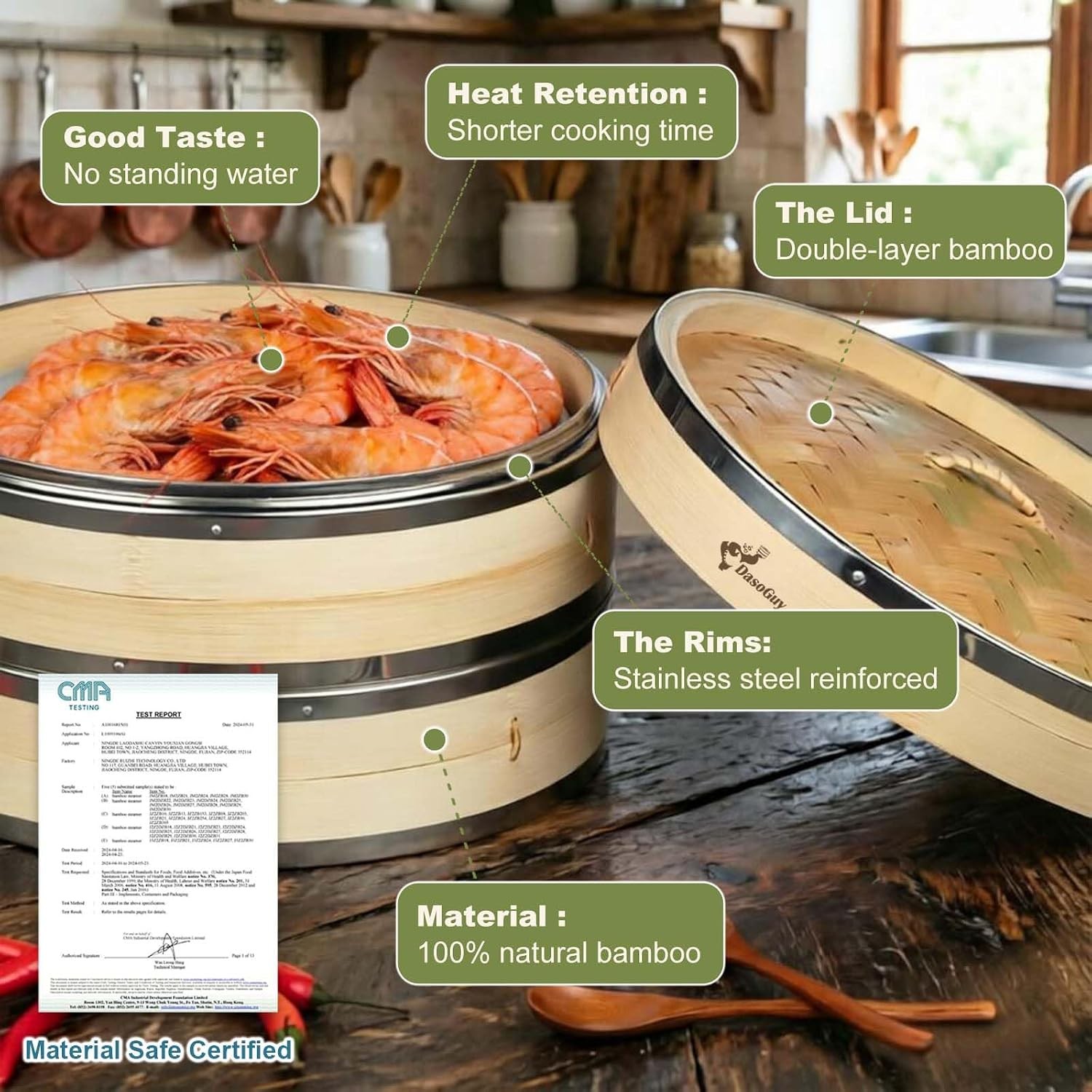 Bamboo Steamer Basket, Stainless Steel Reinforced Rim, 12-Inch 2-Tier Steamer