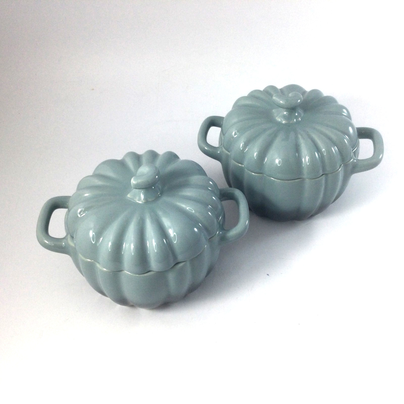 Crofton Mini Pumpkin Cocotte Stoneware Dishes with Lid Blue 5″ H Set of 2 New
