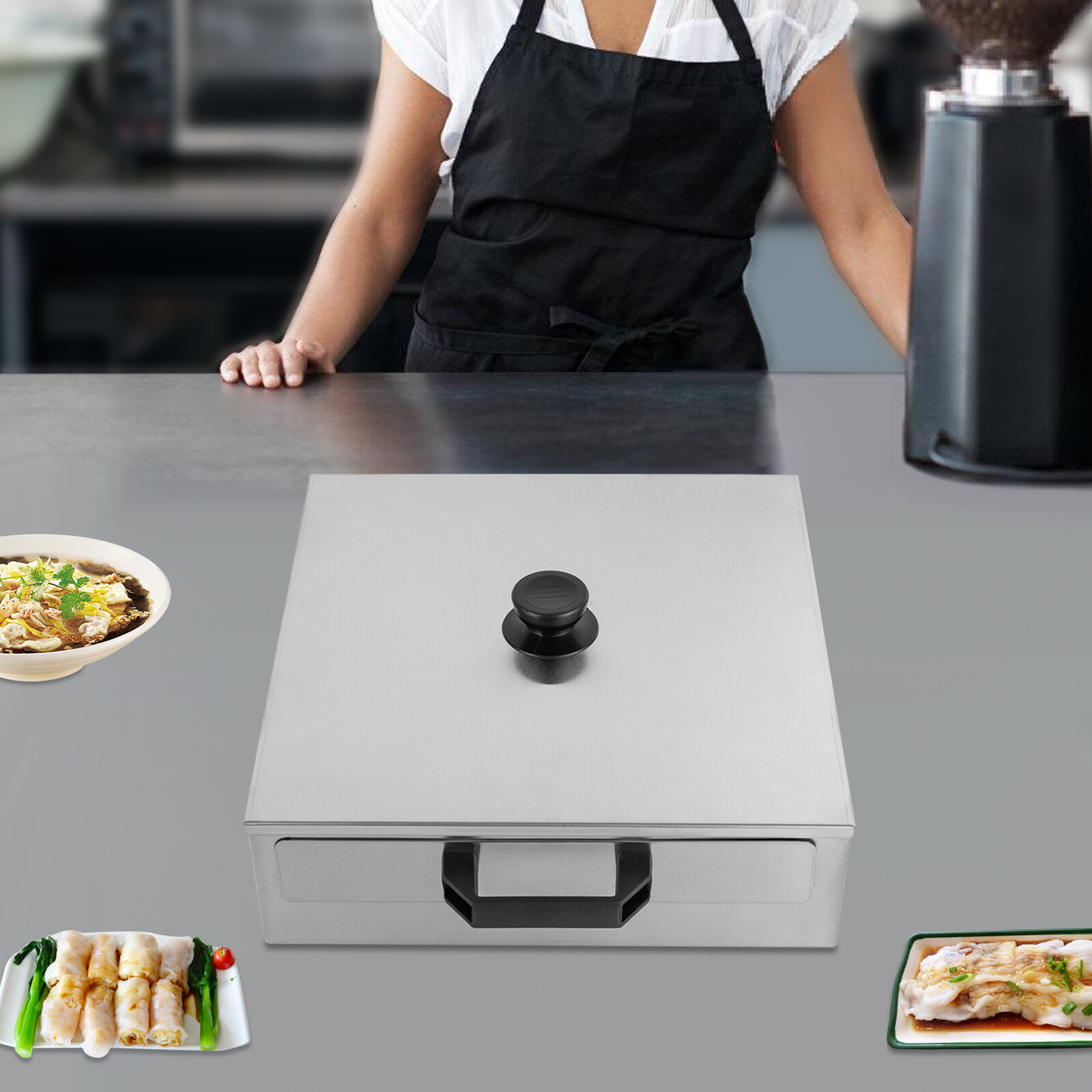 Silver Kitchen Stainless Steel Rice Noodle Roll Machine Food Steamer W/Trays&Lid