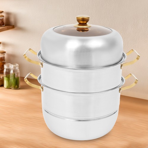 Steam Cooker, Stainless Steel Steam Cooker, 3-tier Steam Cooker Silver+Gold