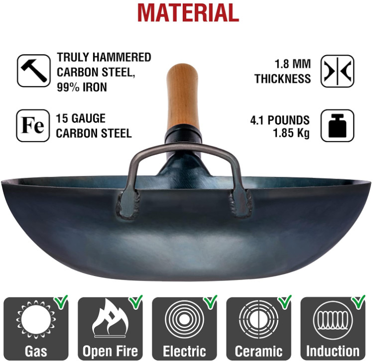 Wok Acero Carbono Azul 13,5″ Fondo Plano Apto Inducción Gas Camping BBQ, Nuevo