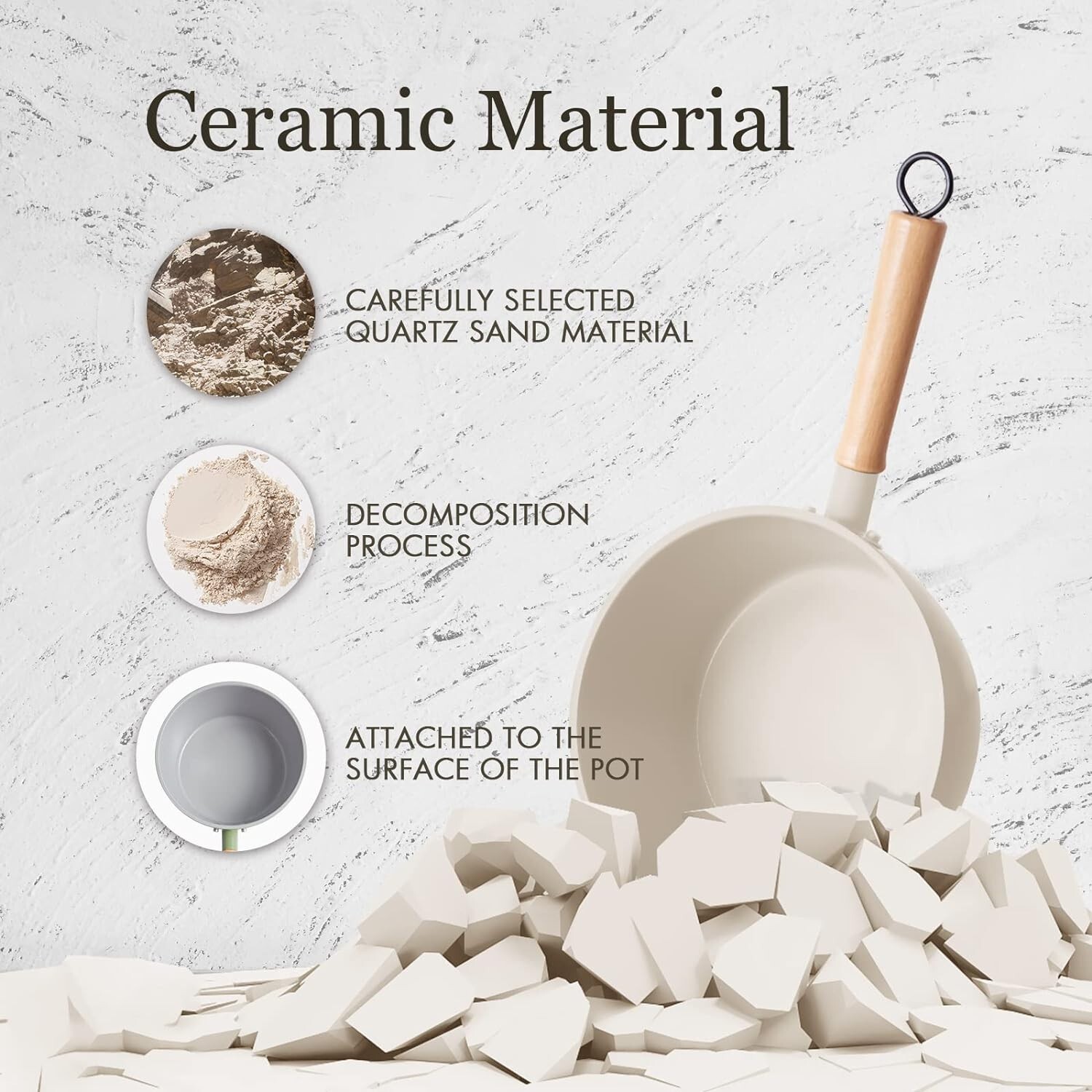Ceramic Nonstick Sauce Pan, 3 QT Pot with Steamer, Wooden Handle, Universal Base