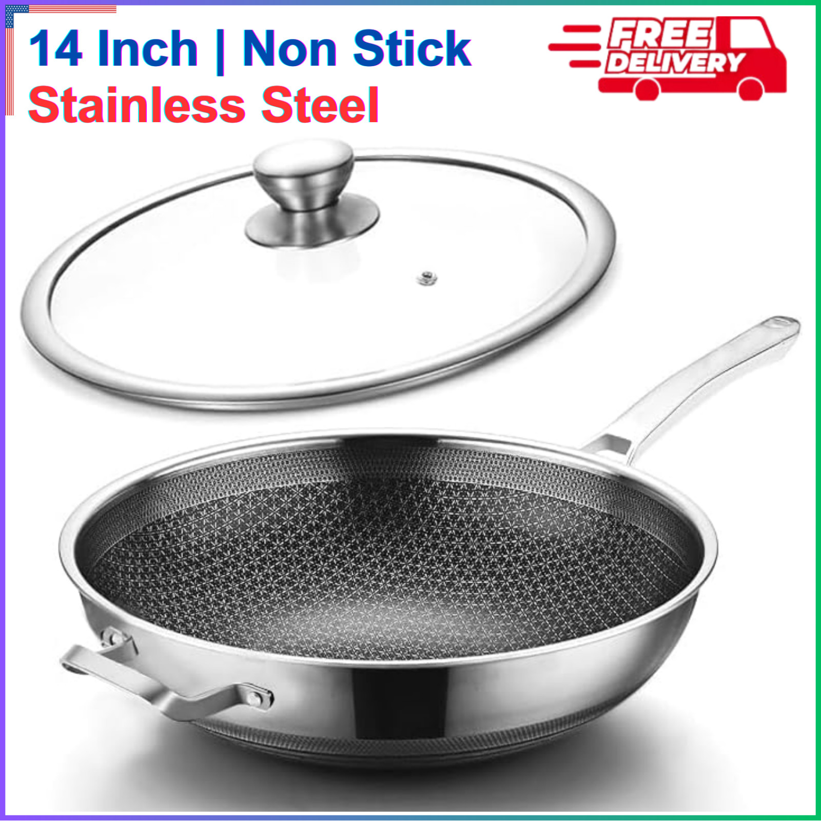 Stainless Steel Wok Pan 14″ with Lid Nonstick Anti-Rust for All Stoves PFOA Free