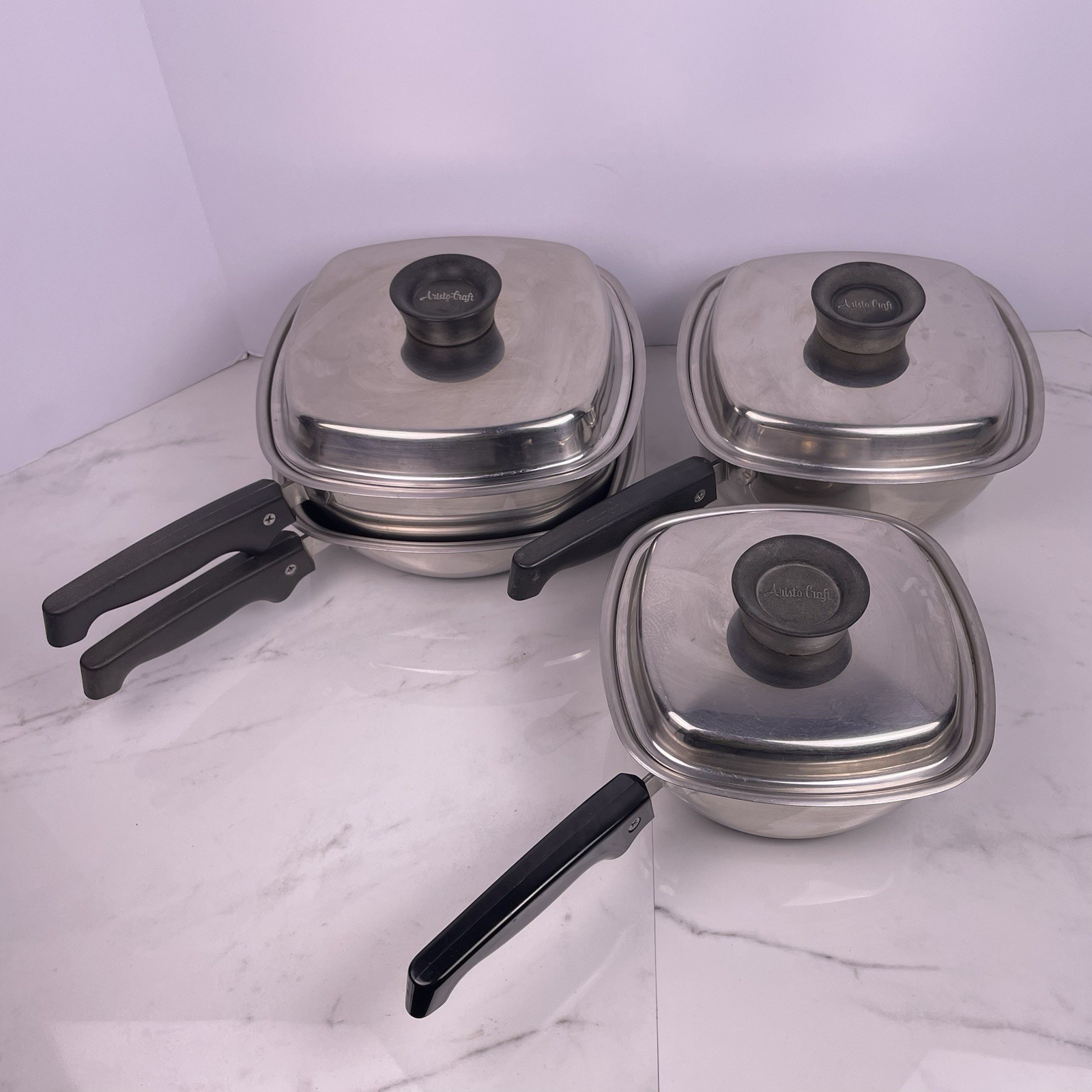 Aristo Craft 7 Pc Stainless Steel Square Cookware 4 Pans 3 Lids 1 D Boiler VNTG