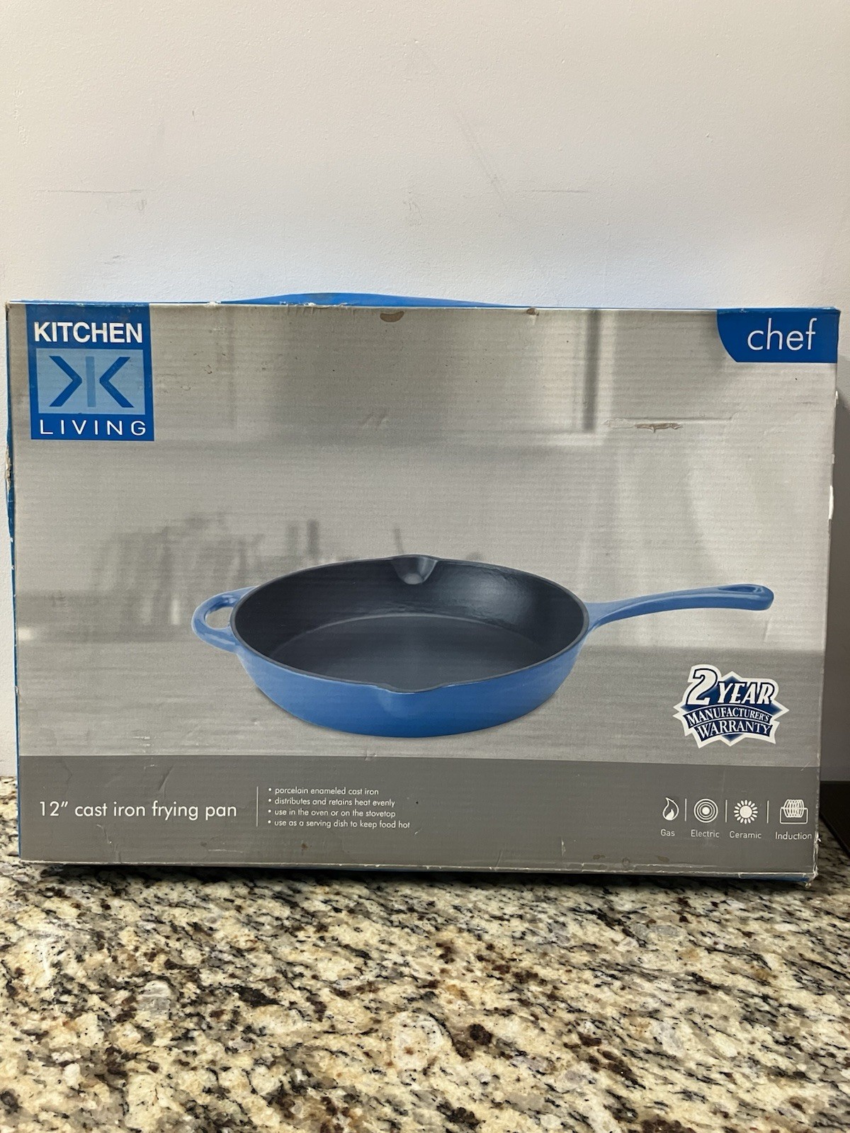 Kitchen Living Chef 12” Cast Iron Porcelain Enameled Frying Pan Blue