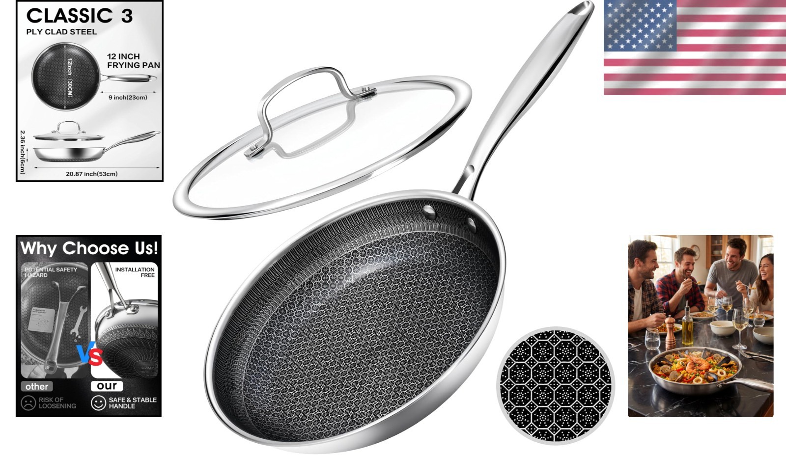 12-Inch Nonstick Frying Pan with Glass Lid – Honeycomb Surface & Dishwasher Safe
