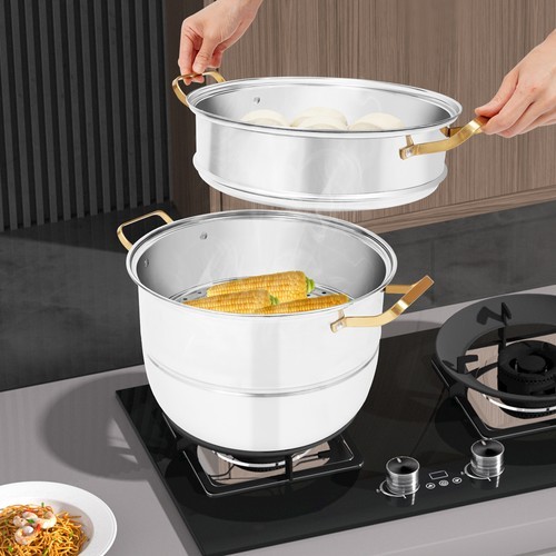 Steam Cooker, Stainless Steel Steam Cooker, 3-tier Steam Cooker Silver+Gold