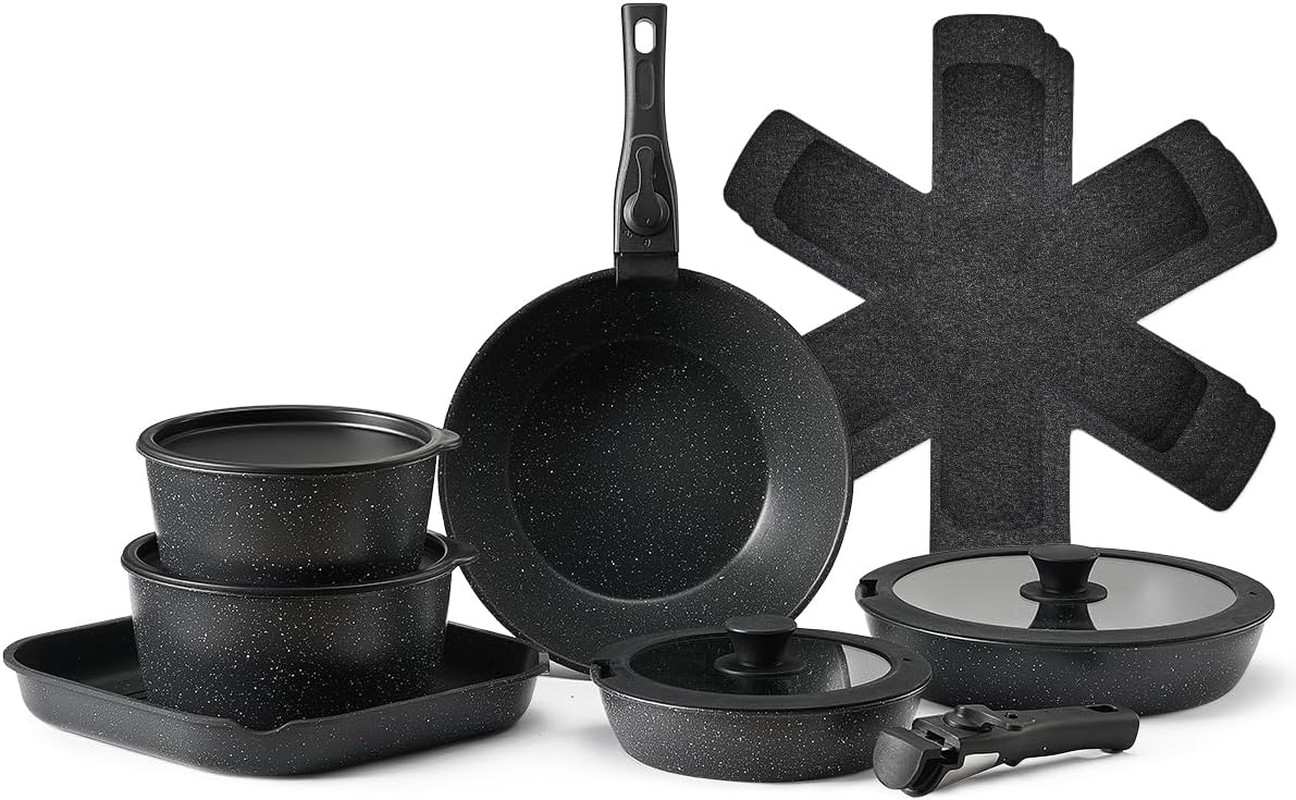 17 Piece Pots and Pans Set, Granite Nonstick Detachable Handle Cookware, Spac…