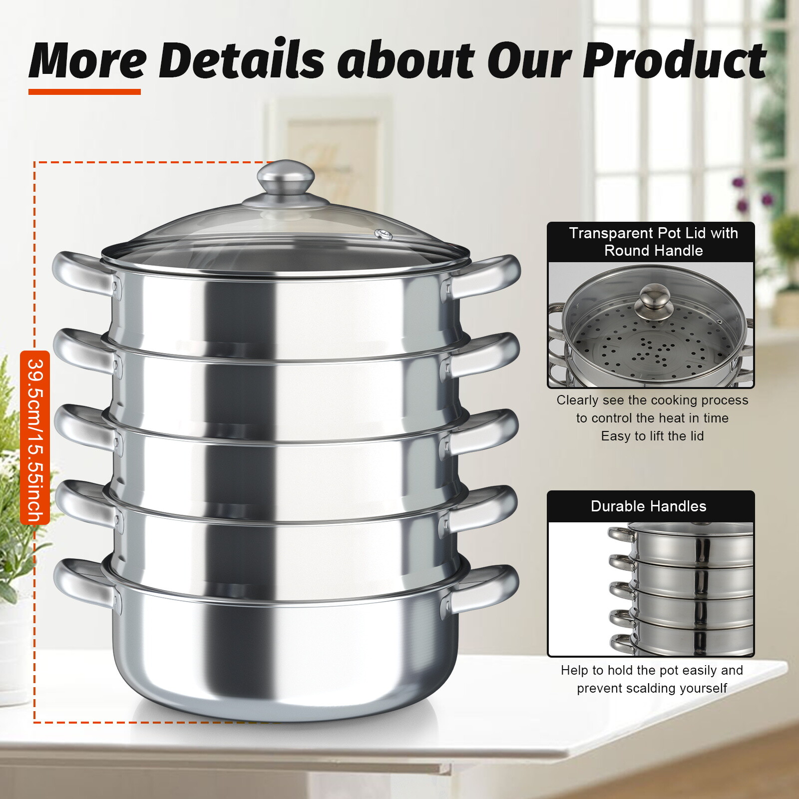 5tier Steamer Cookware Pot Stainless Steel Pot Stainless Steel Food Steamer &Lid