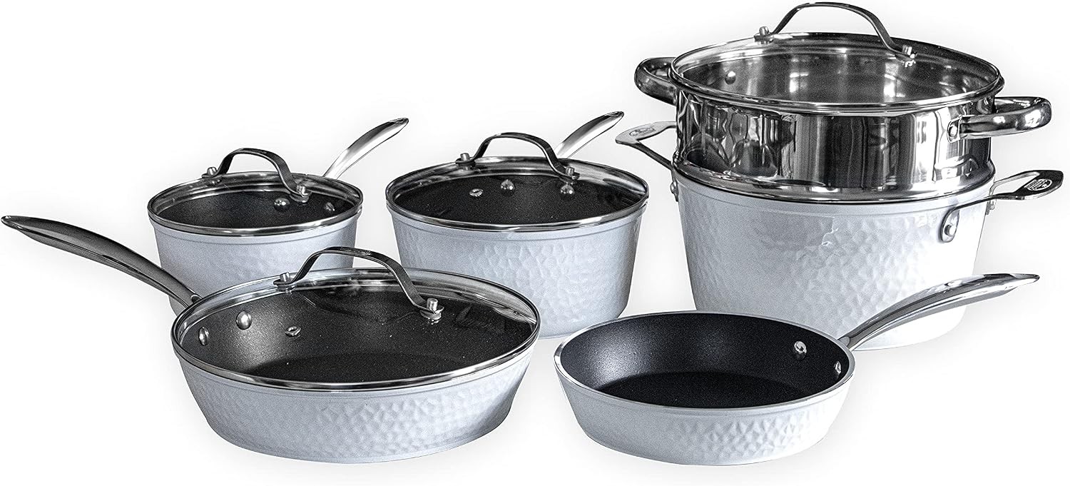 OrGREENiC Luxurious Non-Stick Ceramic 10 Piece White Hammered Cookware Set with