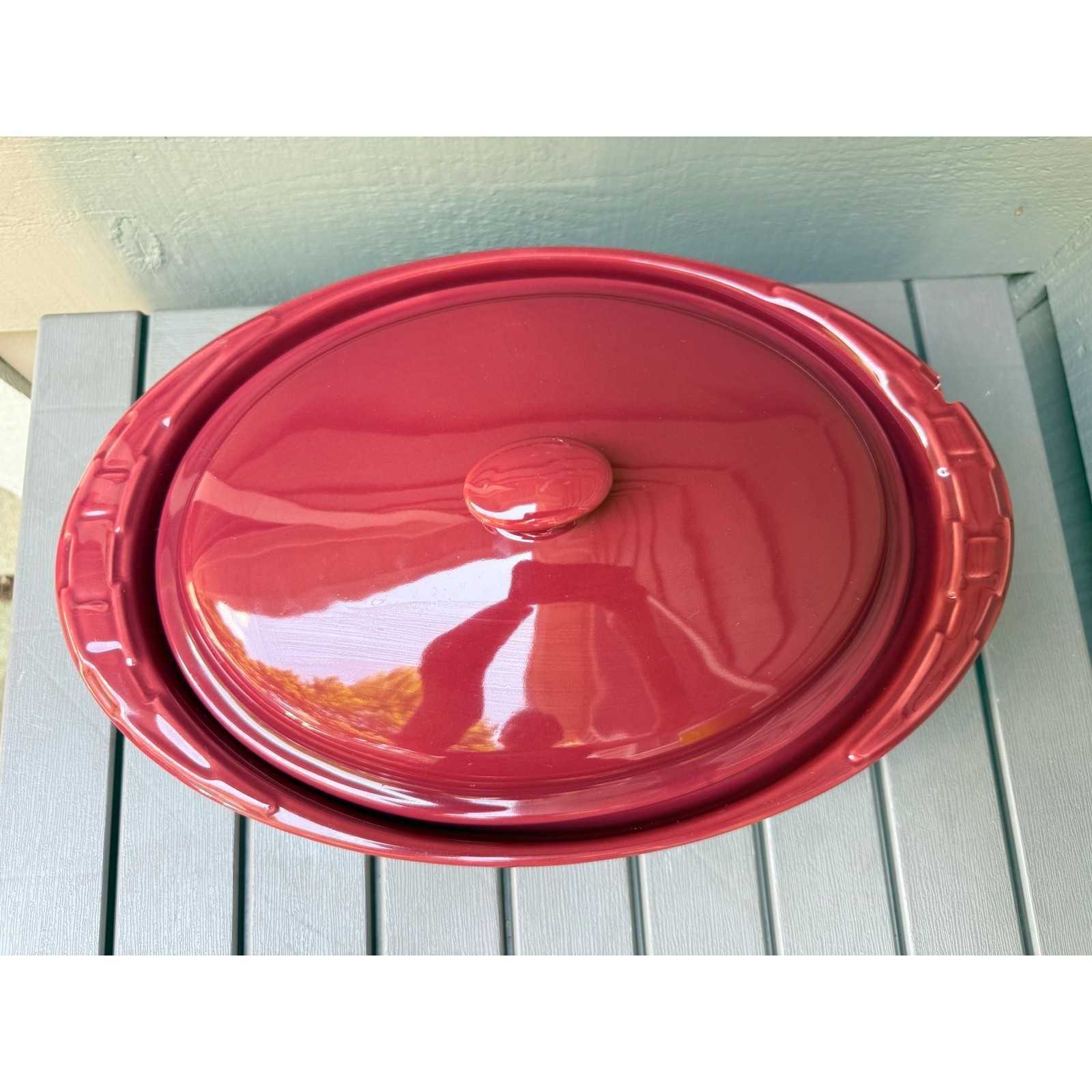 Longaberger Pottery Woven Traditions Cranberry Red Oval Lidded Casserole Dish