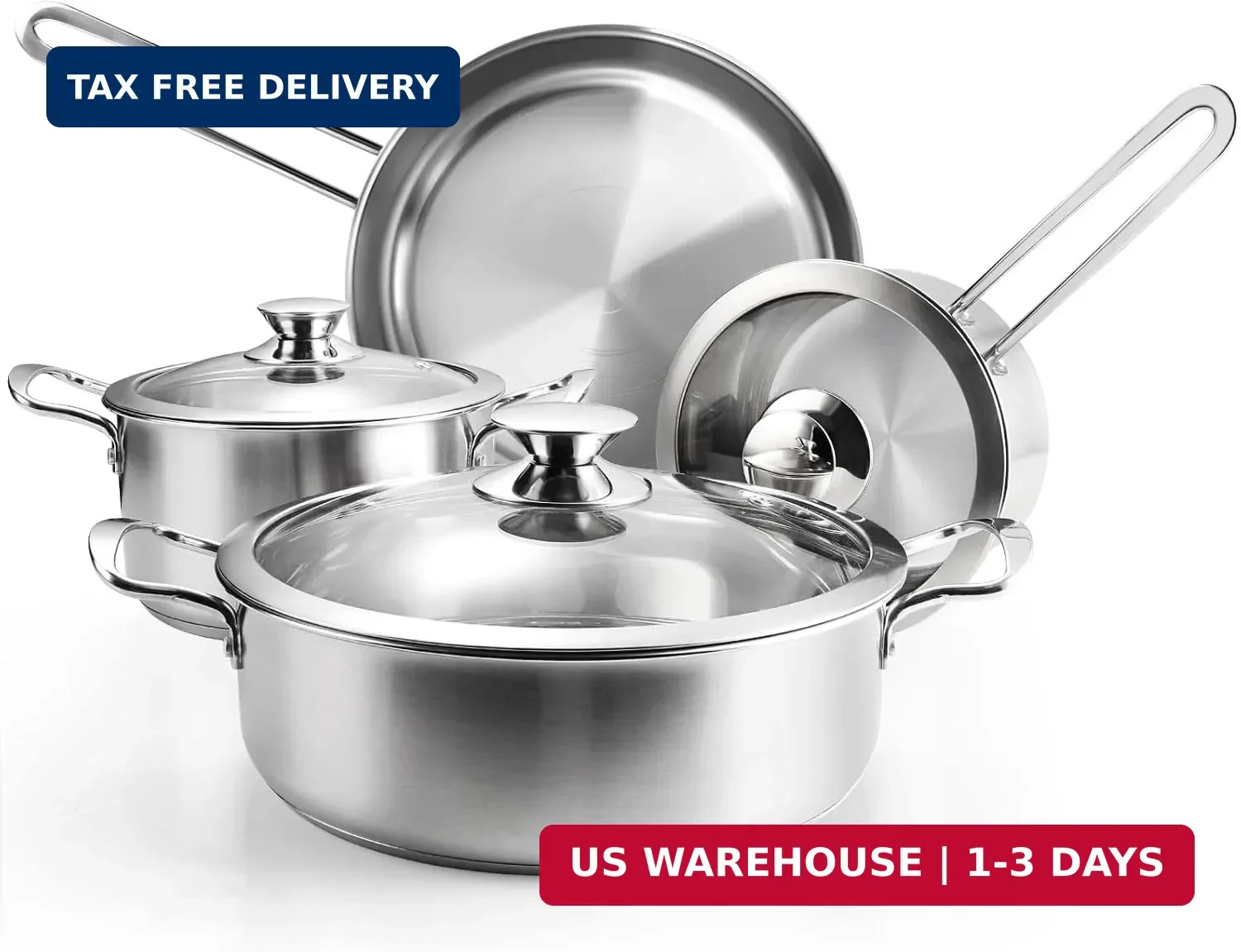 Stainless Steel Pots and Pans Set, 7-Piece Kitchen Cookware Sets with Glass Lids