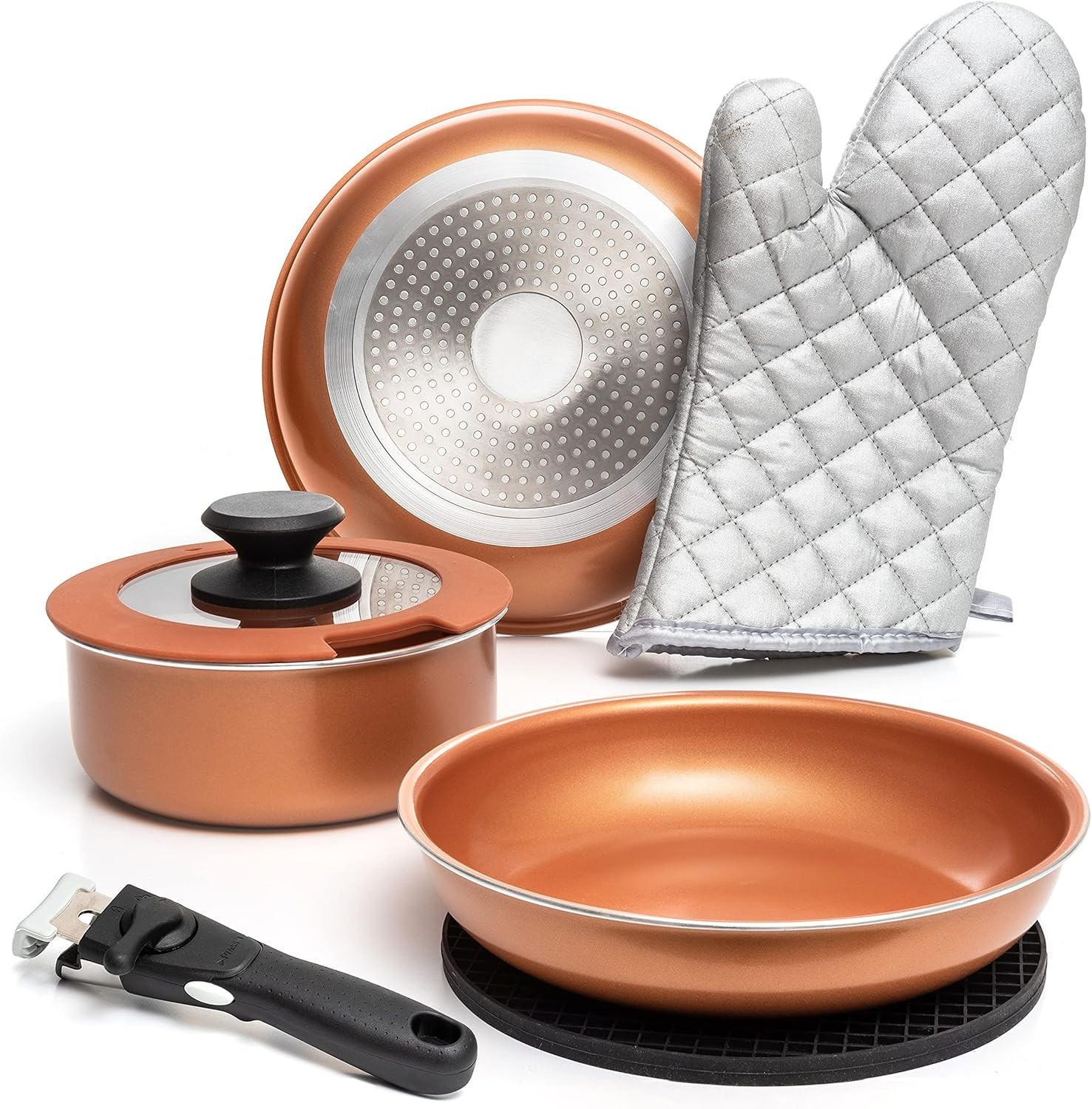 Elegant 7-Pc Copper Nonstick Pots and Pans Set – Removable Handles & Stackable