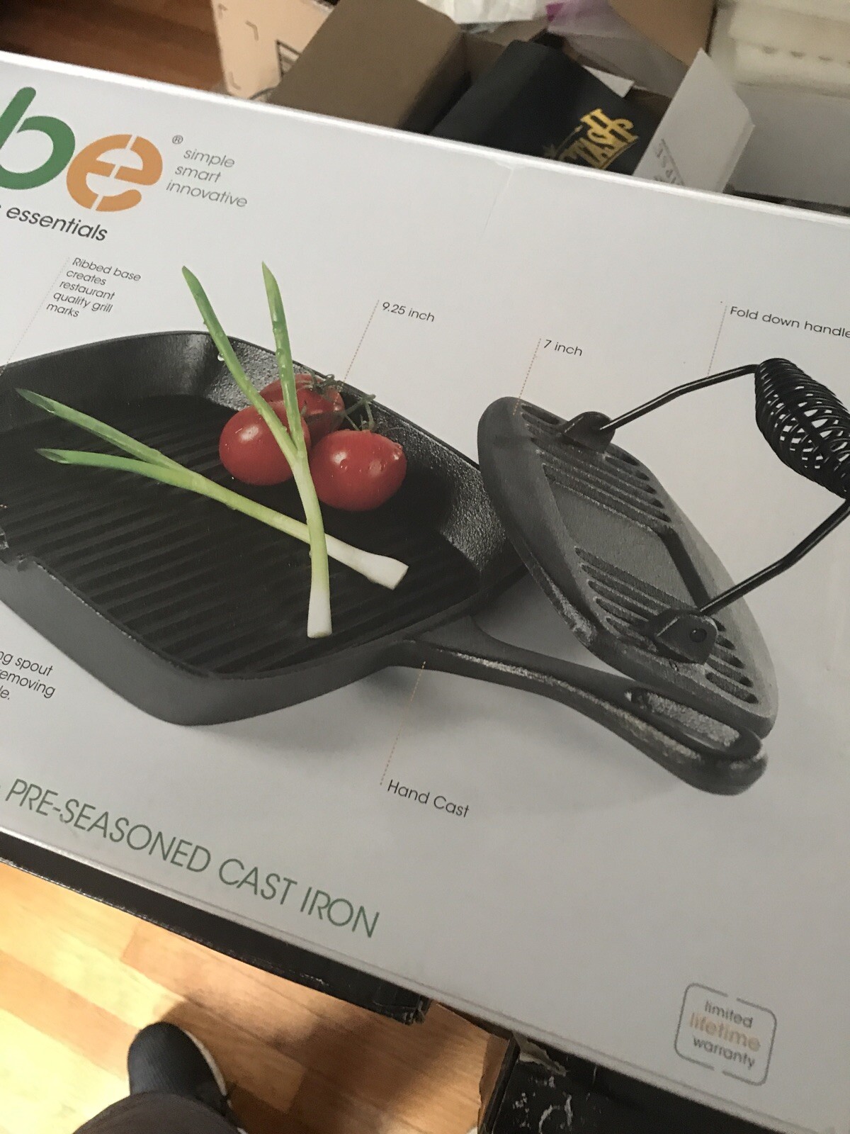 Basic Essentials Pre Seasoned Cast Iron 9.35” Grill Pan With Press