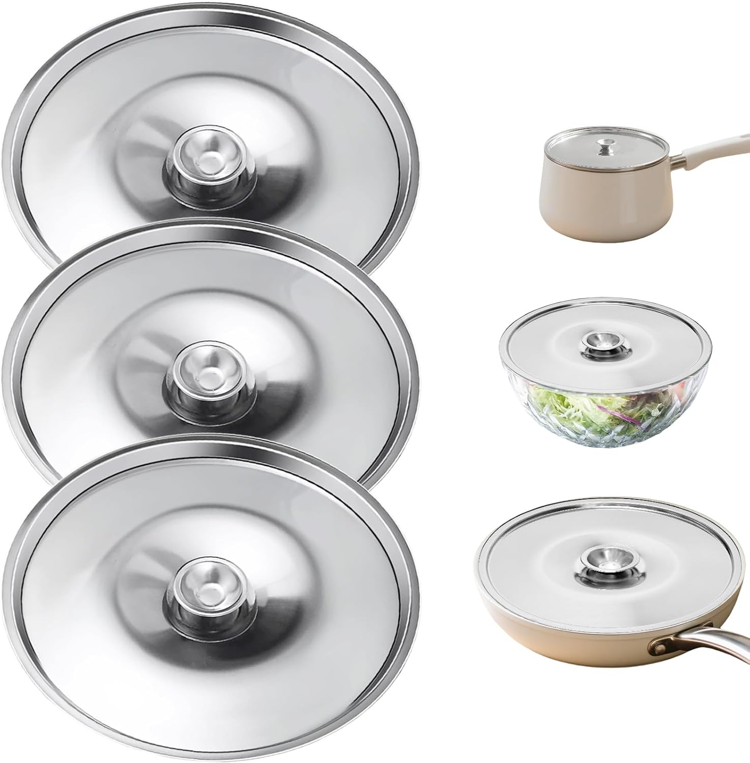 4 Inch Universal Pan Lid, 3Pcs Stainless Steel Bowl Cover, Universal Lids for