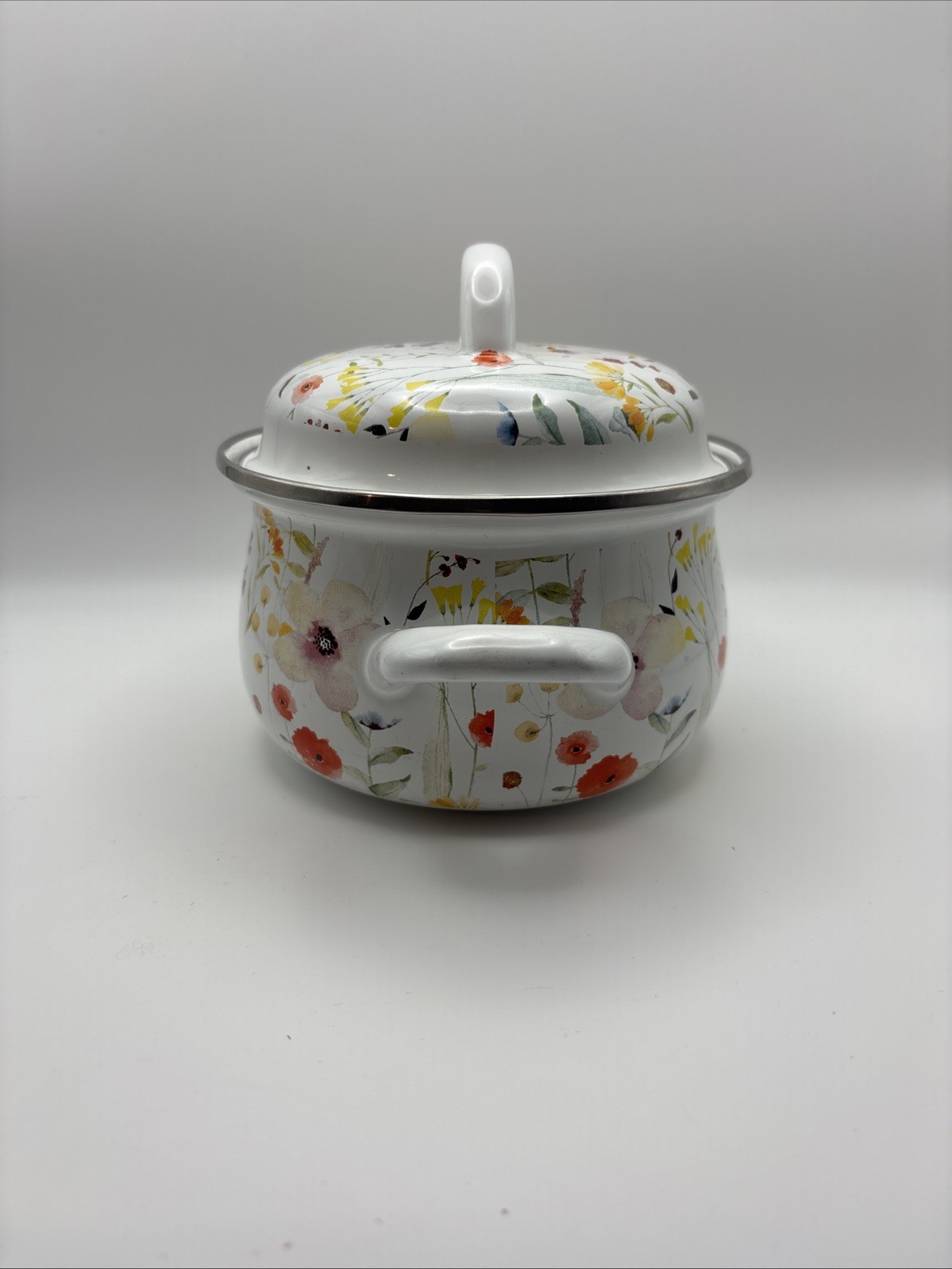 Crofton Mini Enameled Steel Pot Floral with Lid Double Handles New