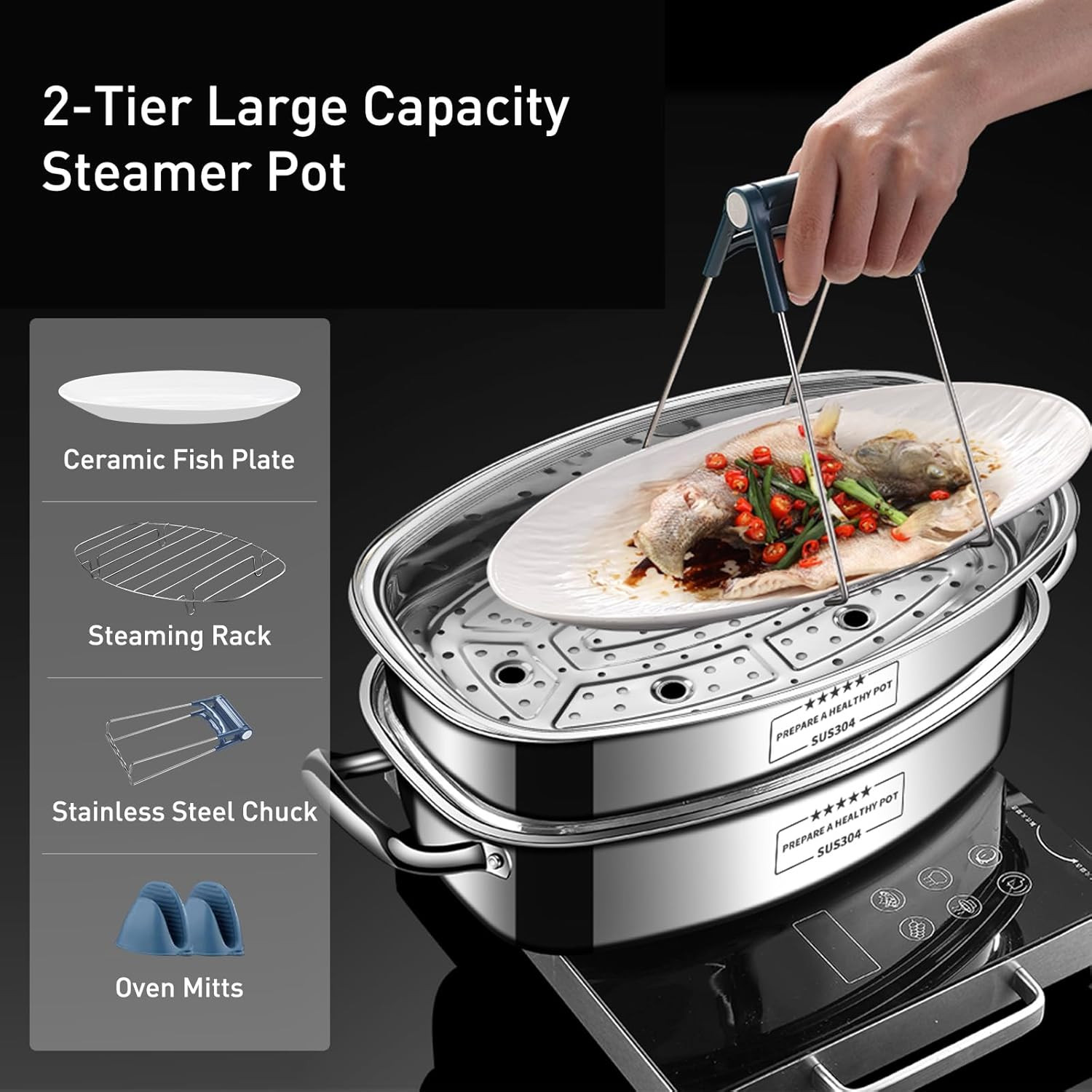 2-Tier Stainless Steel Fish Steamer & Stockpot – Multi-Use Cooking Set