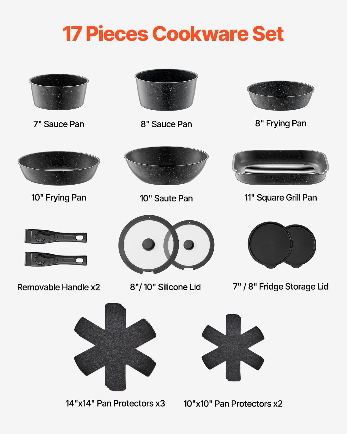 17 Piece Pots and Pans Set, Granite Nonstick Detachable Handle Cookware, Spac…