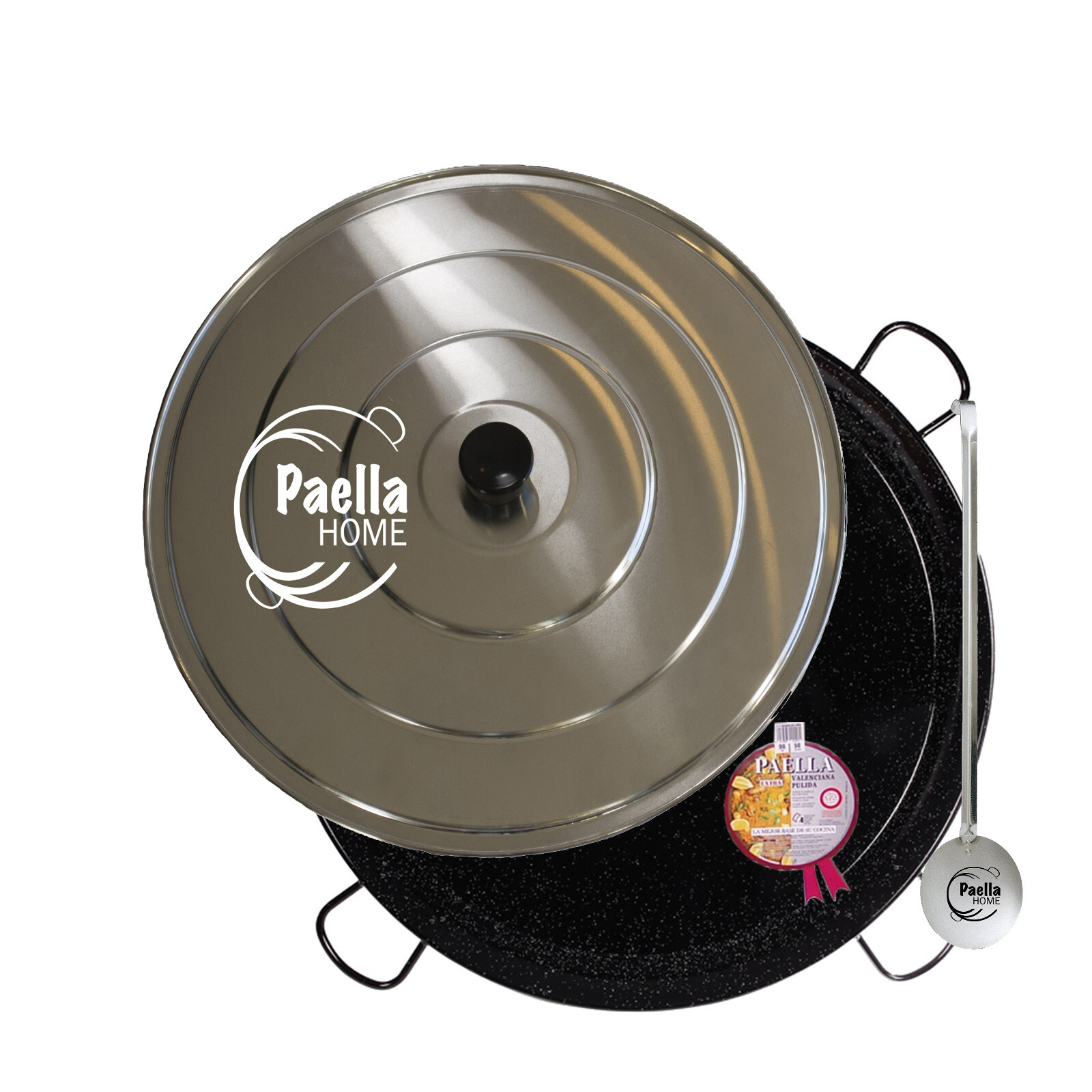 30cm – 80cm Enamelled Paella Pan + Aluminium Lid +Spoon (according to variation)