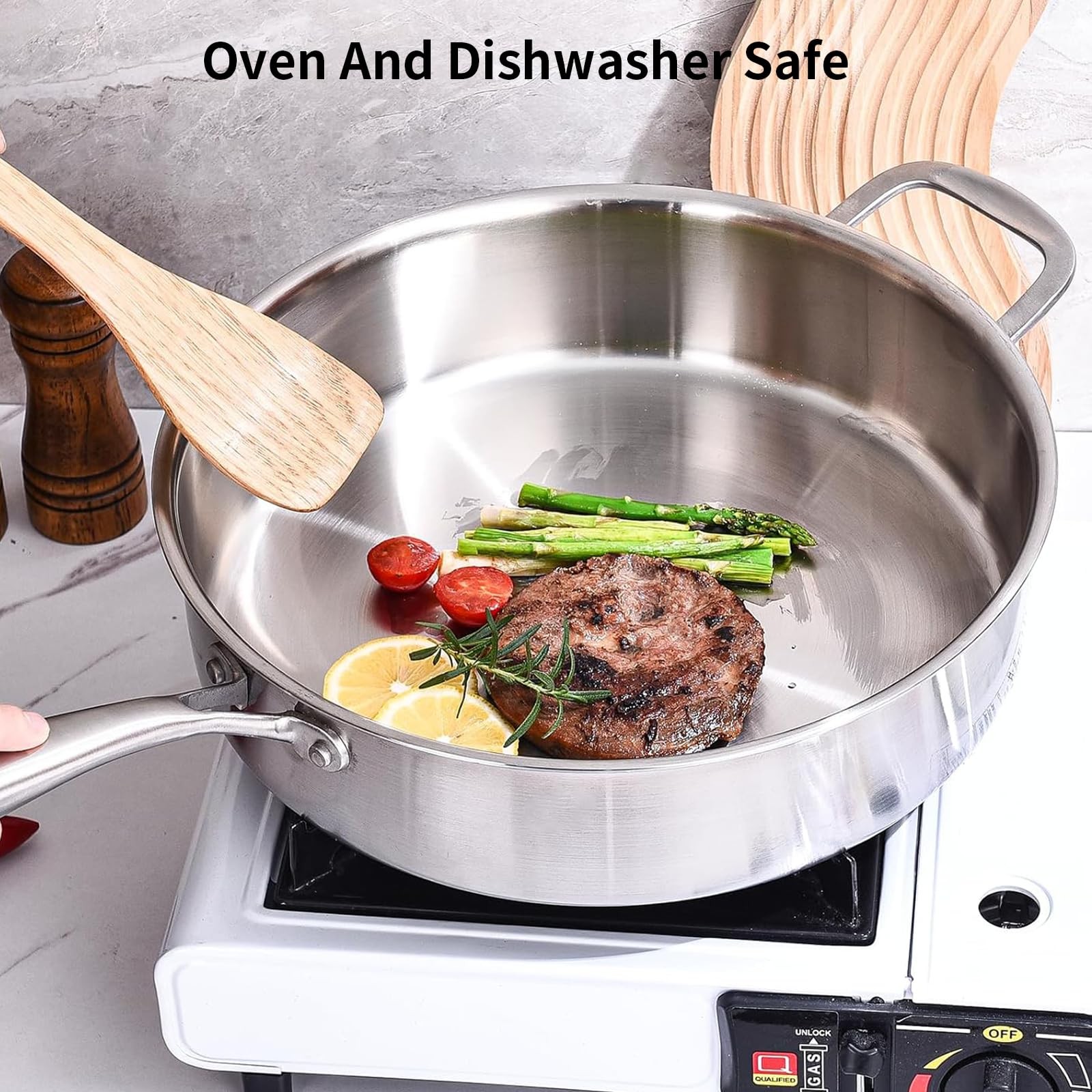 Delarlo Tri-Ply Stainless Steel Saute Pan Lid 5.5Qt12.3Inch Deep Frying