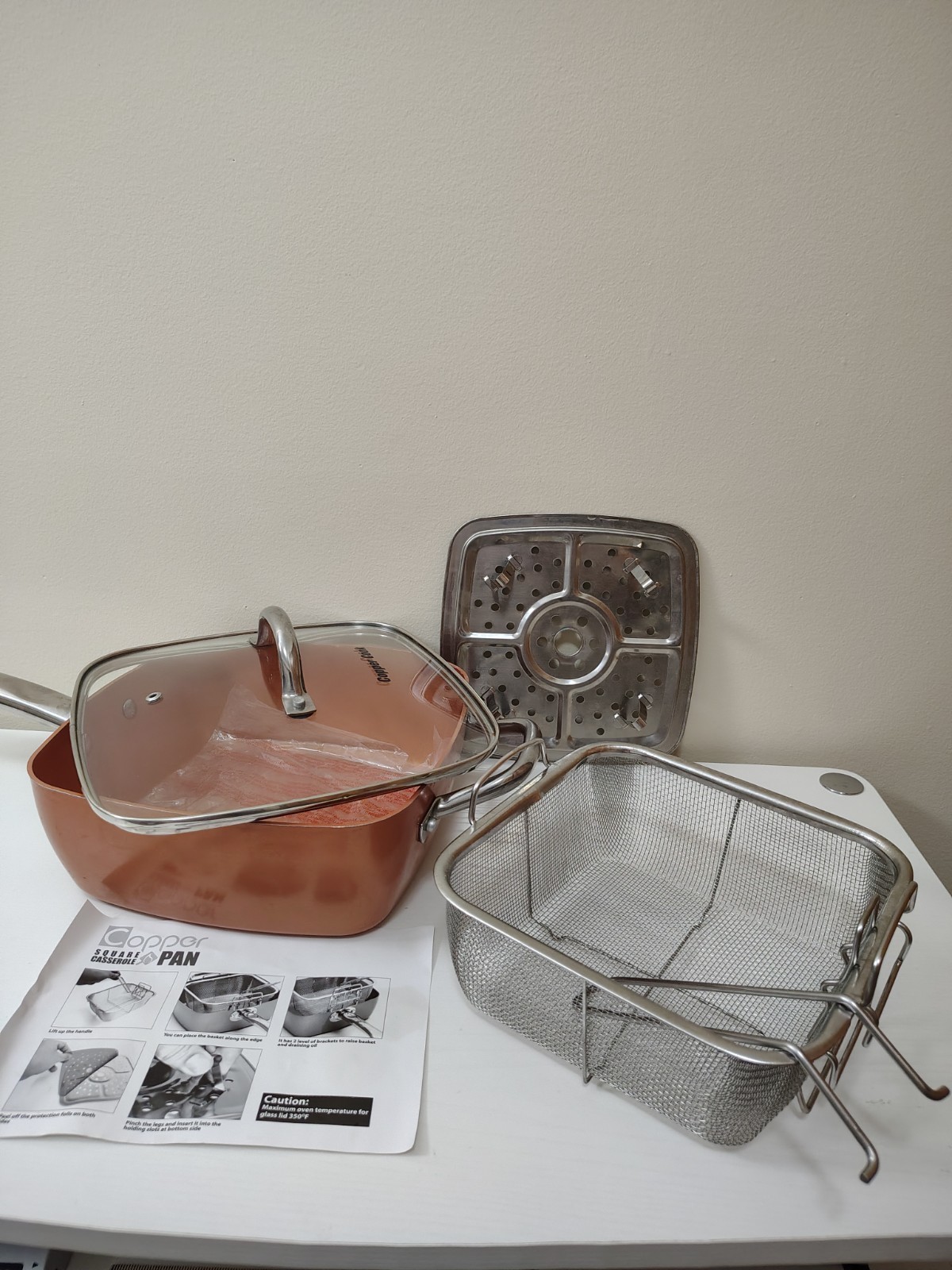 Copper Chef 9.5×9.5″ Inch Square Casserole Pan. 3.5″ Deep. w/lid, basket.