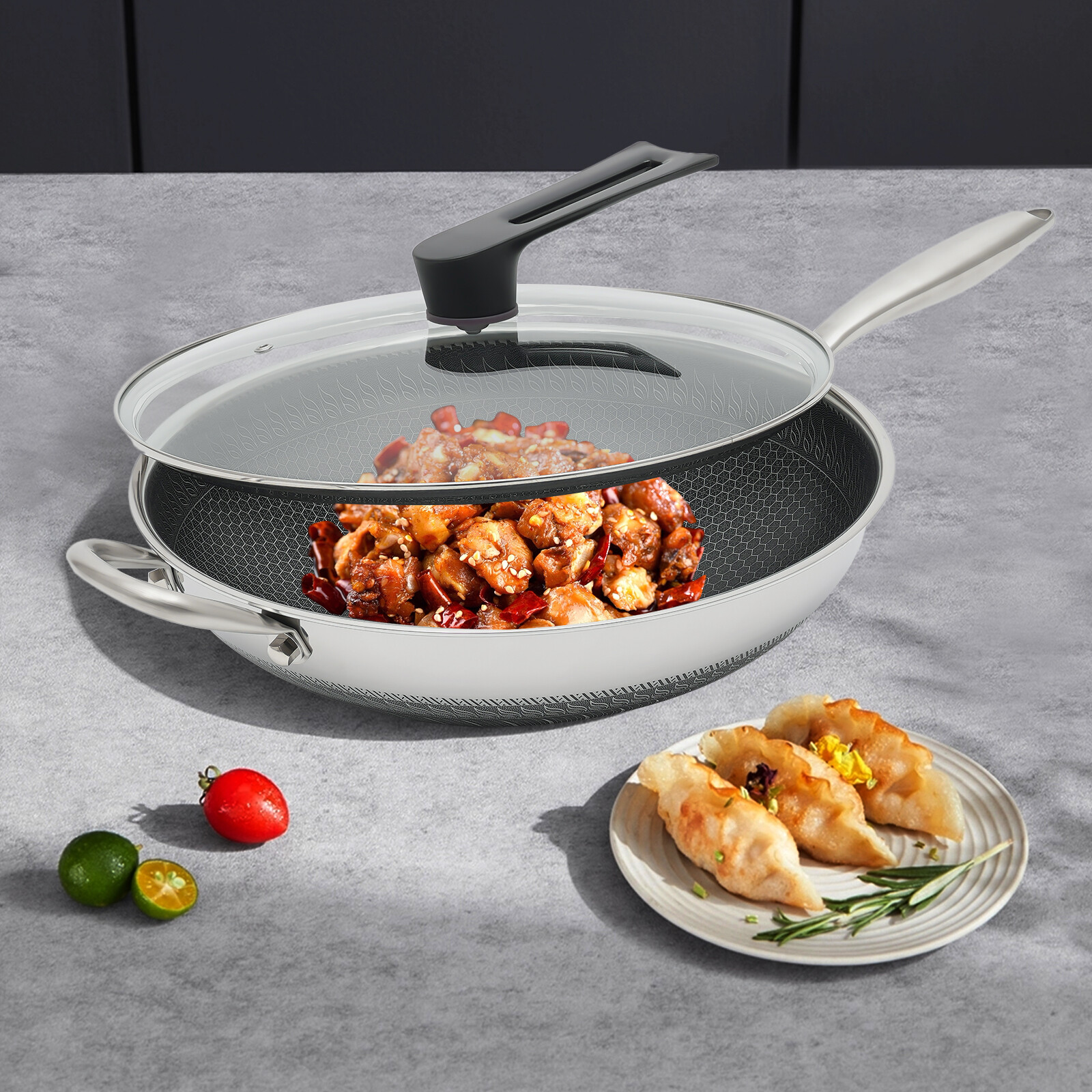 Non Stick Double Sided Honeycomb Cooking Frying Wok Pan with Lid Stainless Steel