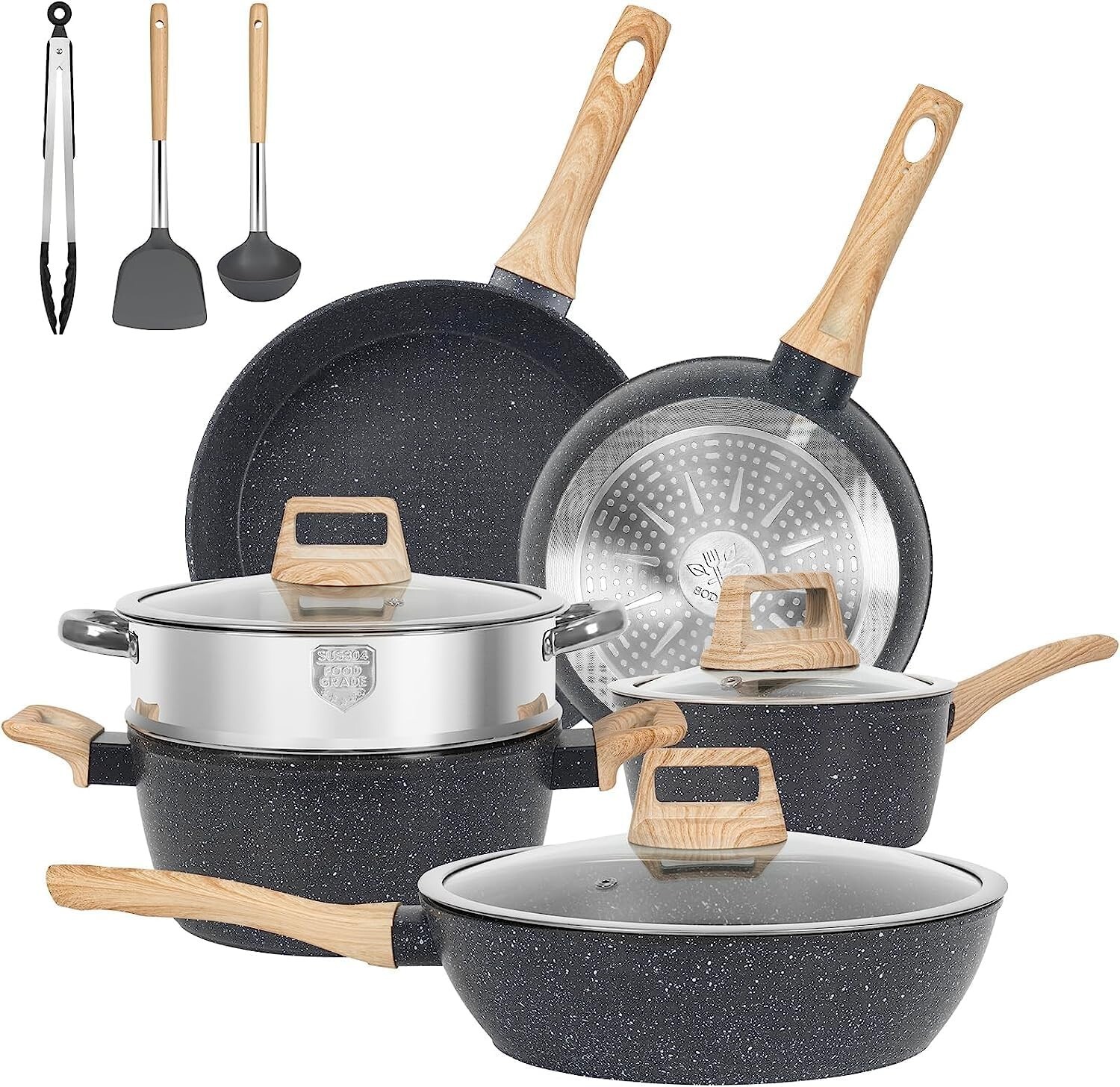 Nonstick Granite-Coated Cookware Set Pots Frying Pans Saucepan12 Pcs Sets, Black