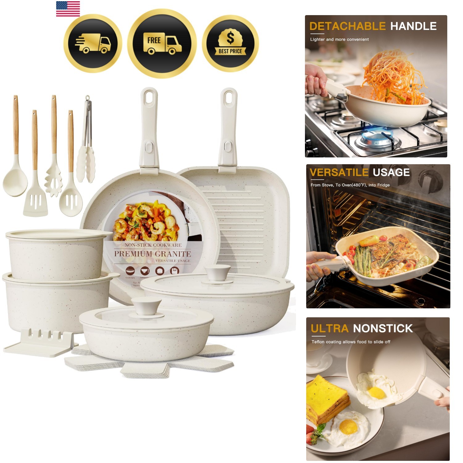 Cookware Set Non Stick Ceramic With Removable Handles Oven Safe Induction Ready