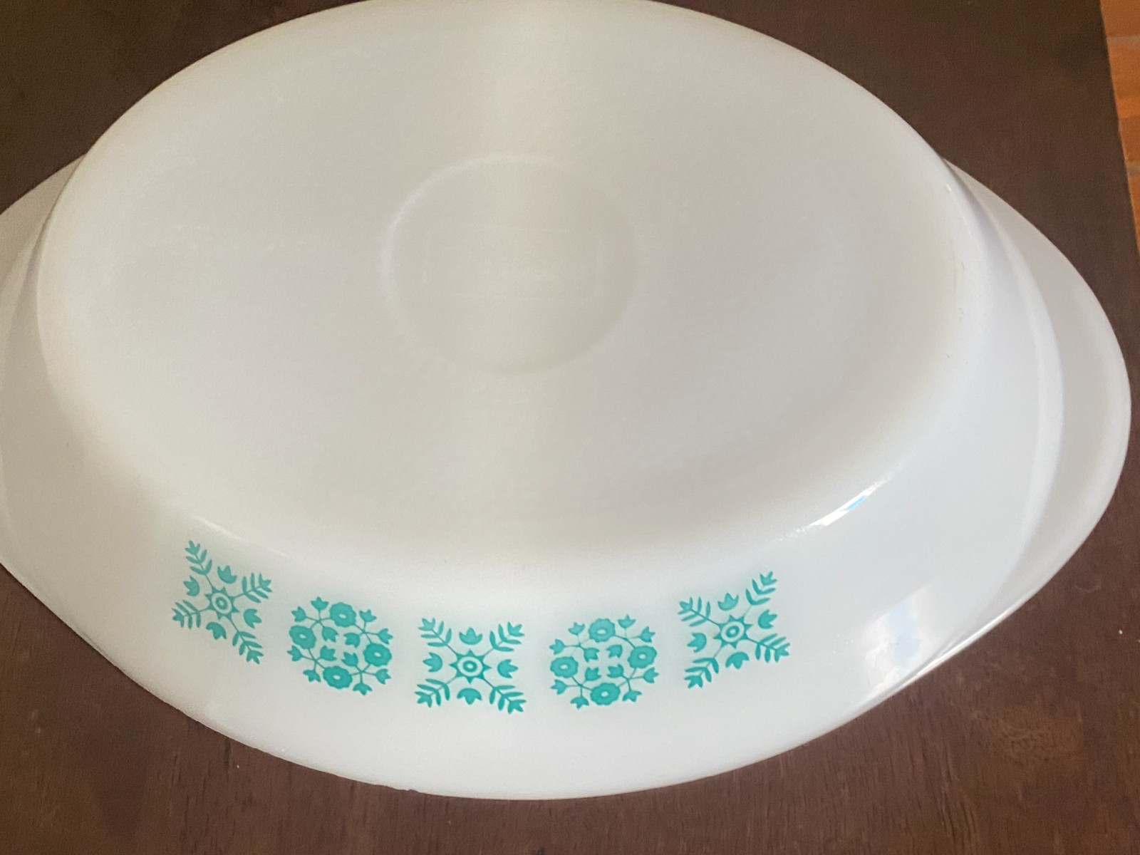 Vintage Glasbake Divided Casserole Dish J-2352 Milk Glass with Turquoise Pattern