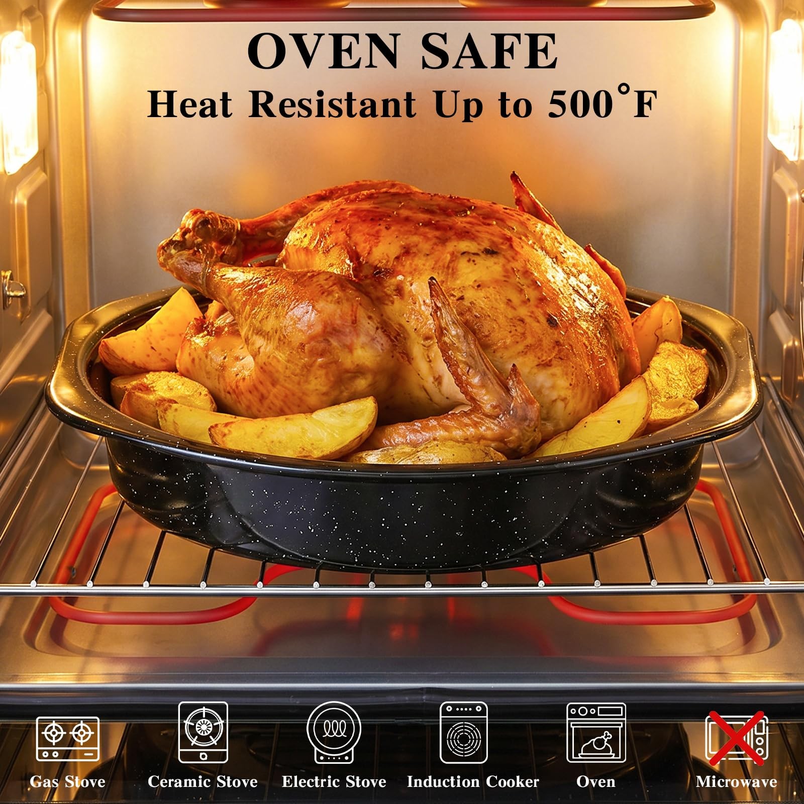 13 Inch Roasting Pan with Lid and Rack, Enamel Carbon Steel Roaster Pan, High…