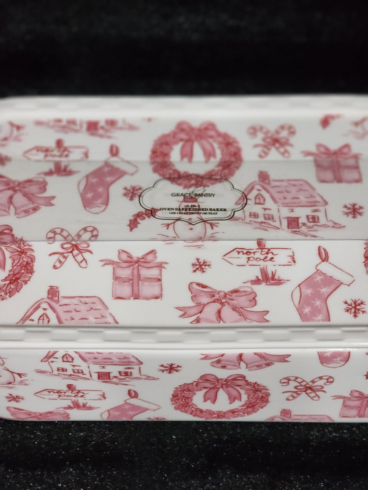 Grace Pantry Christmas PINK BOW 2qt Rectangular Baker & Lid 11″ Oven Safe 3 in 1