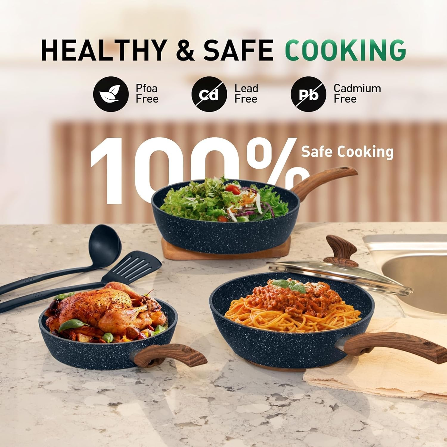 12 Pieces Kitchen Pots & Pans Set Nonstick Cookware Set Granite Coated w/ Lid