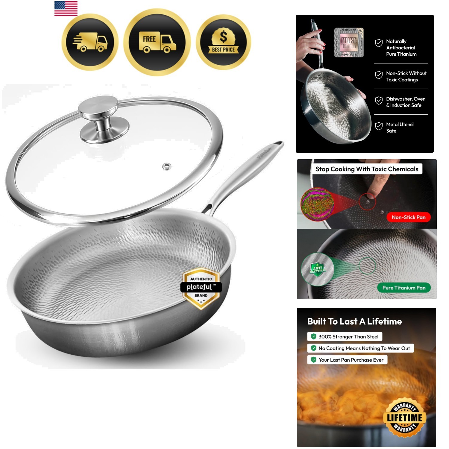 Titanium Pan For Cooking 12″ – Pure, No Coating Non-Stick Titanium Cookware, …