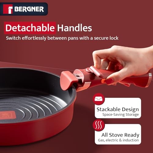 Bergner 11-Piece Non-Stick Cookware Set Detachable Handles Stackable Red