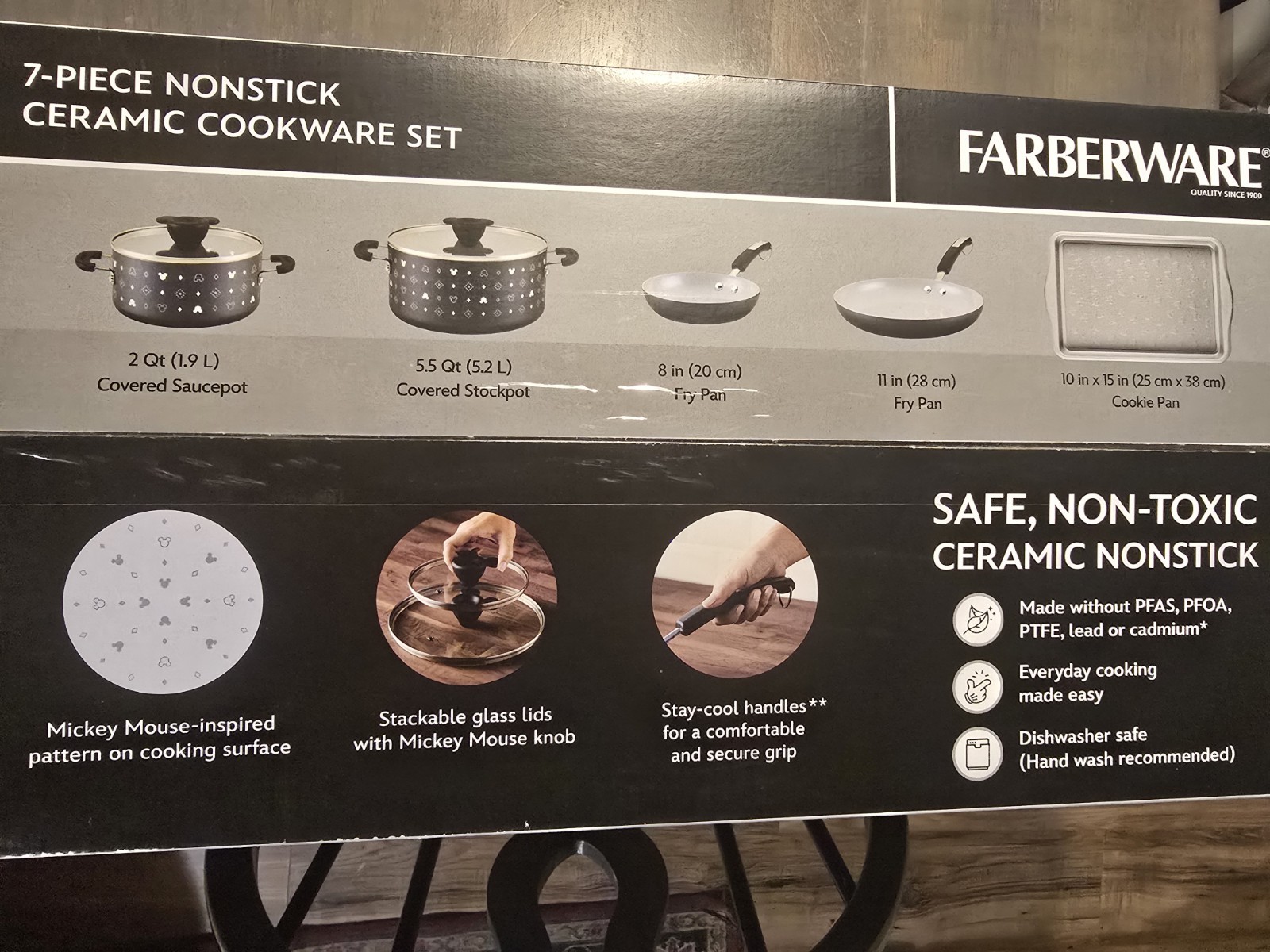 Disney Home Farberware 7 Piece Mickey Mouse Monochrome Ceramic Nonstick Cookware