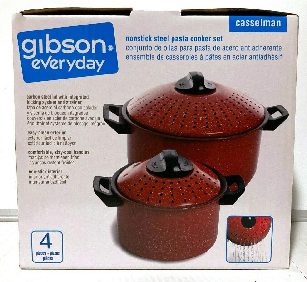Gibson Home Casselman Pasta Cooker Set 4-Piece Red Nonstick Steel 5.4qt & 1.75qt