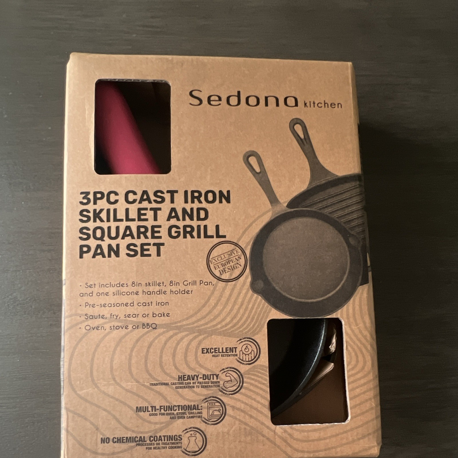 Sedona kitchen 3PC Pre-Seasoned Cast Iron 8in Skillet & Square Grill Pan