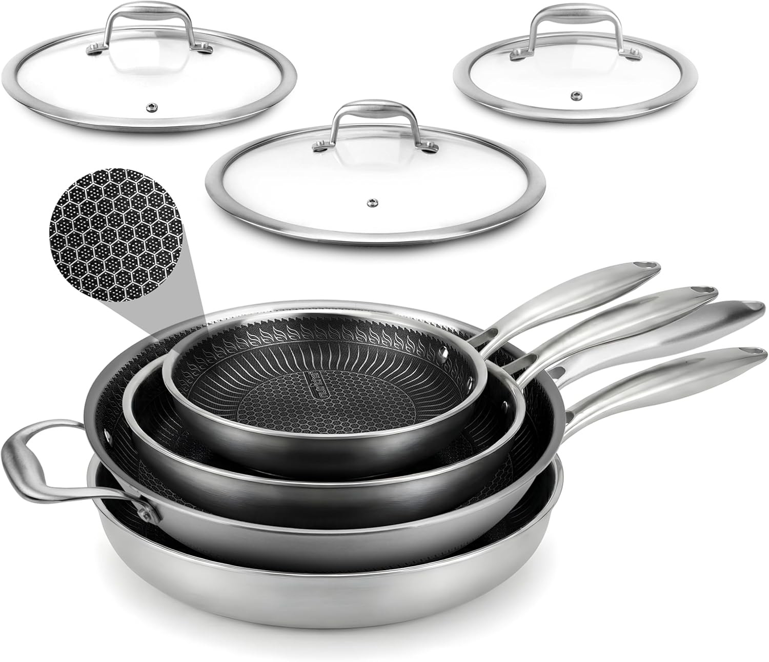 NutriChef 7-Piece Tri-Ply Stainless Steel Frying Pan Set & Wok – Nonstick, Ind