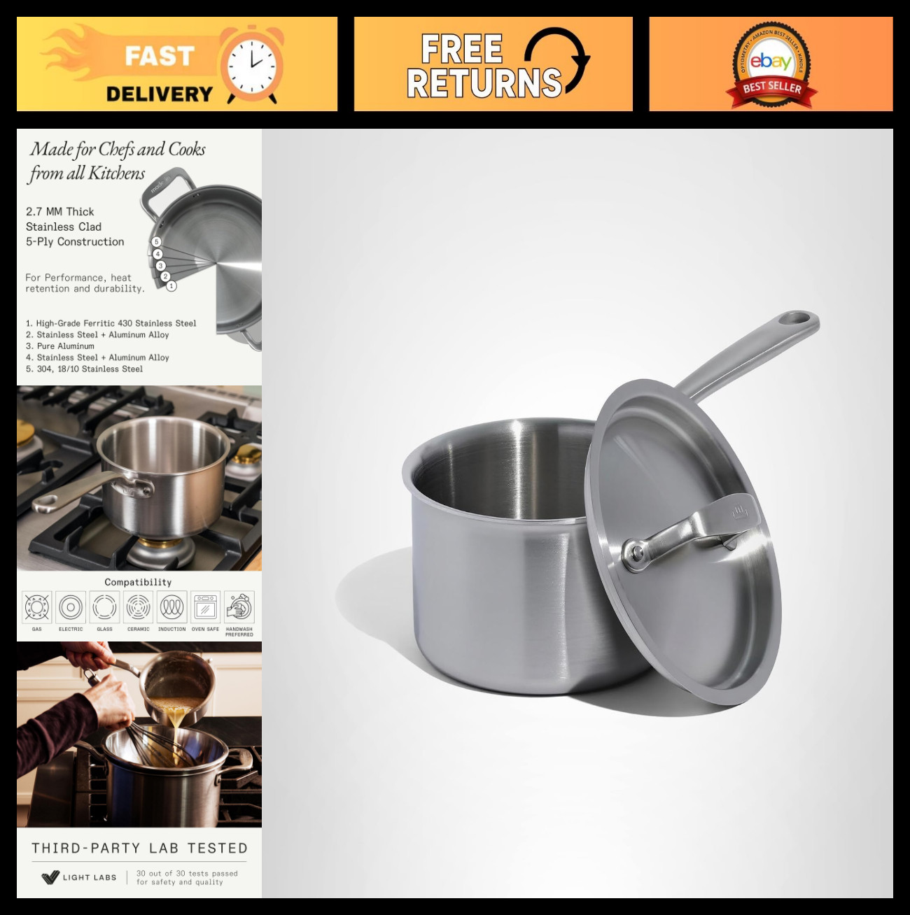 2 Quart Stainless Steel Saucepan with Lid – 5 Ply Clad Cookware – Induction Read