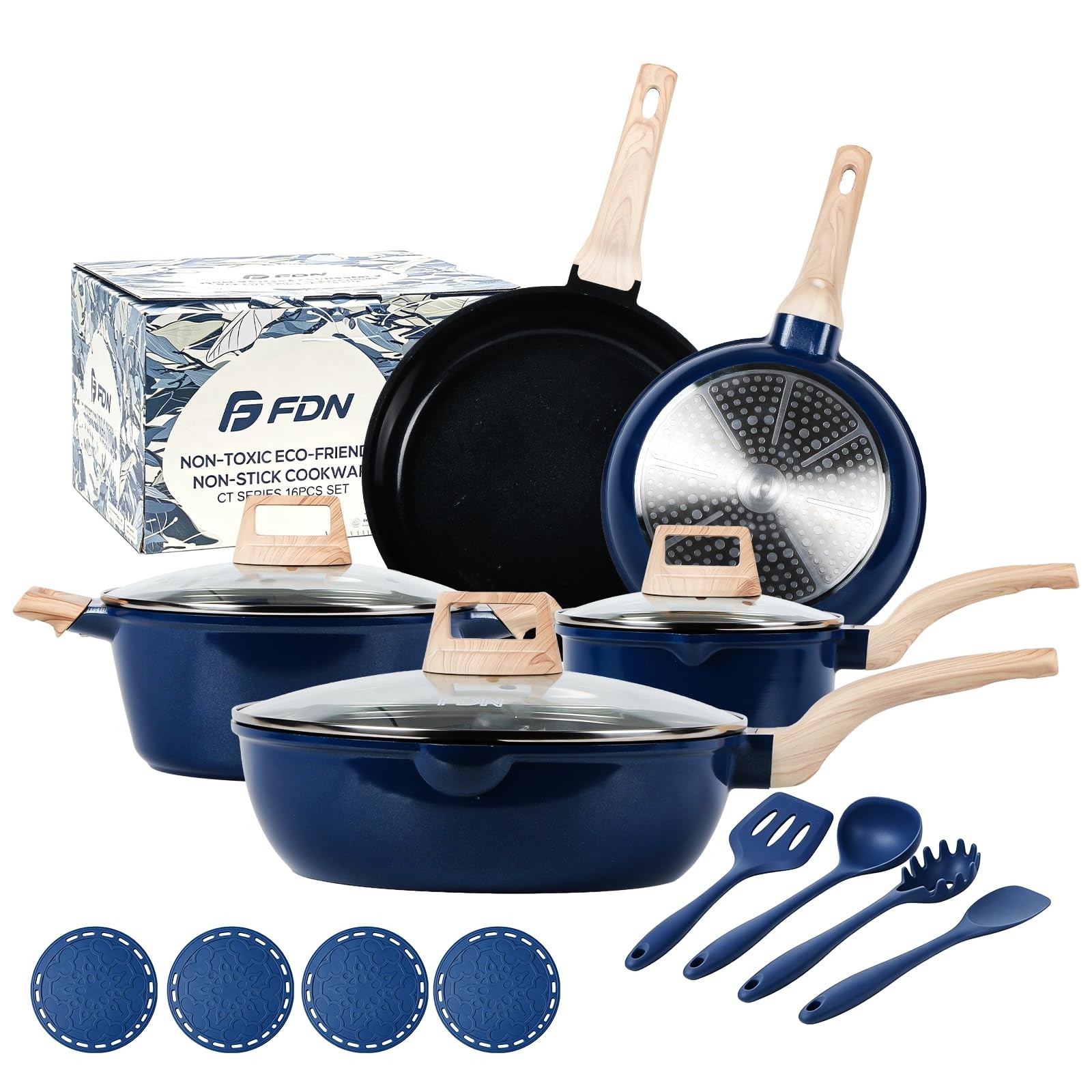 16Pcs Titanium Cookware Set, Toxic-Free Pots & Pans, Induction Compatible, Oven