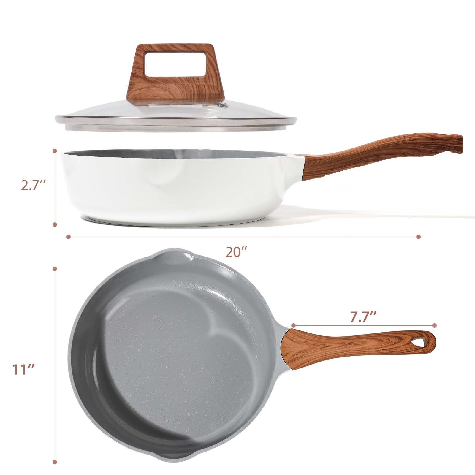 Nonstick Frying Pans With Lid, 11 Inches Skillets Deep 11inch, White