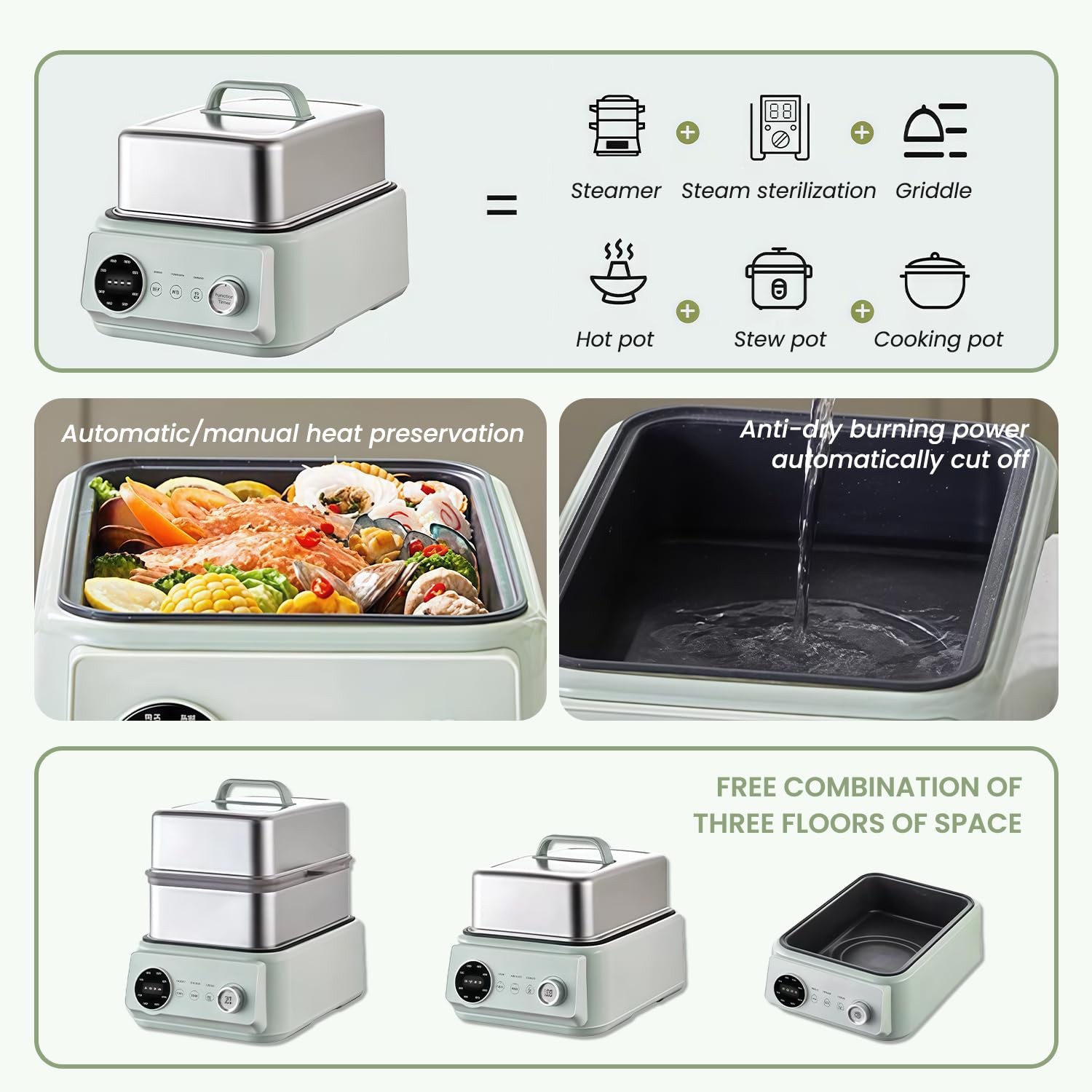 15.8QT Electric Food Steamer, 3 Tier Food Steamer for Cooking, 1200W Stainles…