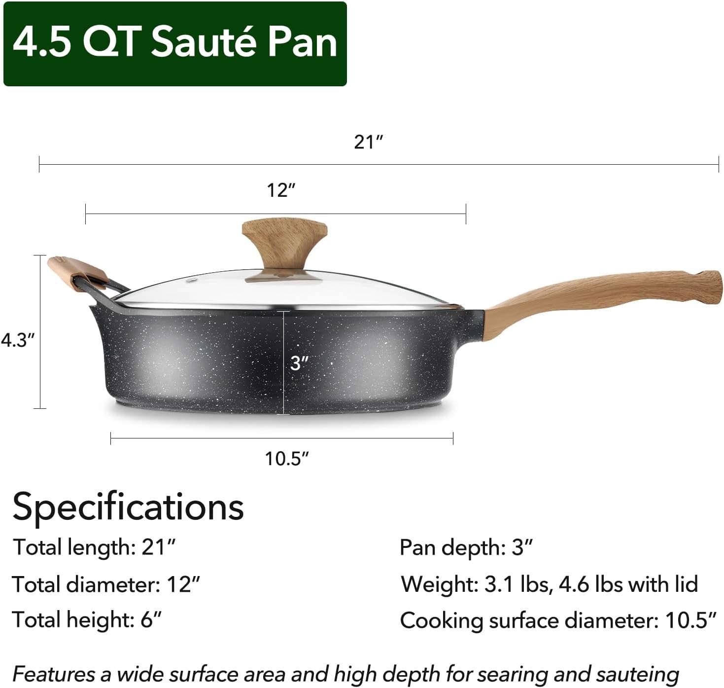 12 Inch Deep Nonstick Frying Pan with Lid 4.5 QT Swiss Granite Coating