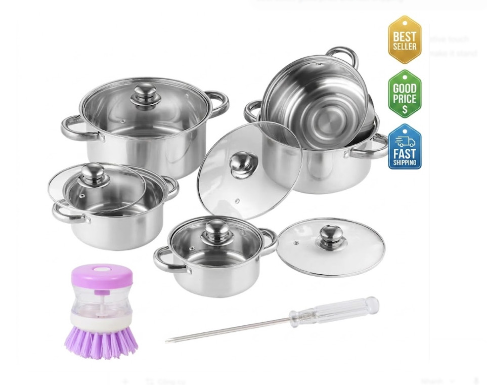 11pc Stainless Steel Cookware Set Pots Pans Glass Lid Induction Silver