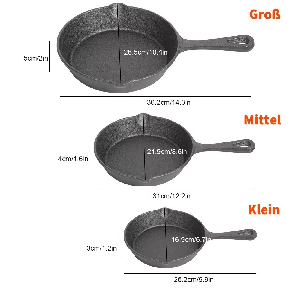 Frying Pan Set Uncoated Non Stick Omelette Cooking Pans 3pc Cast Iron Butter Egg