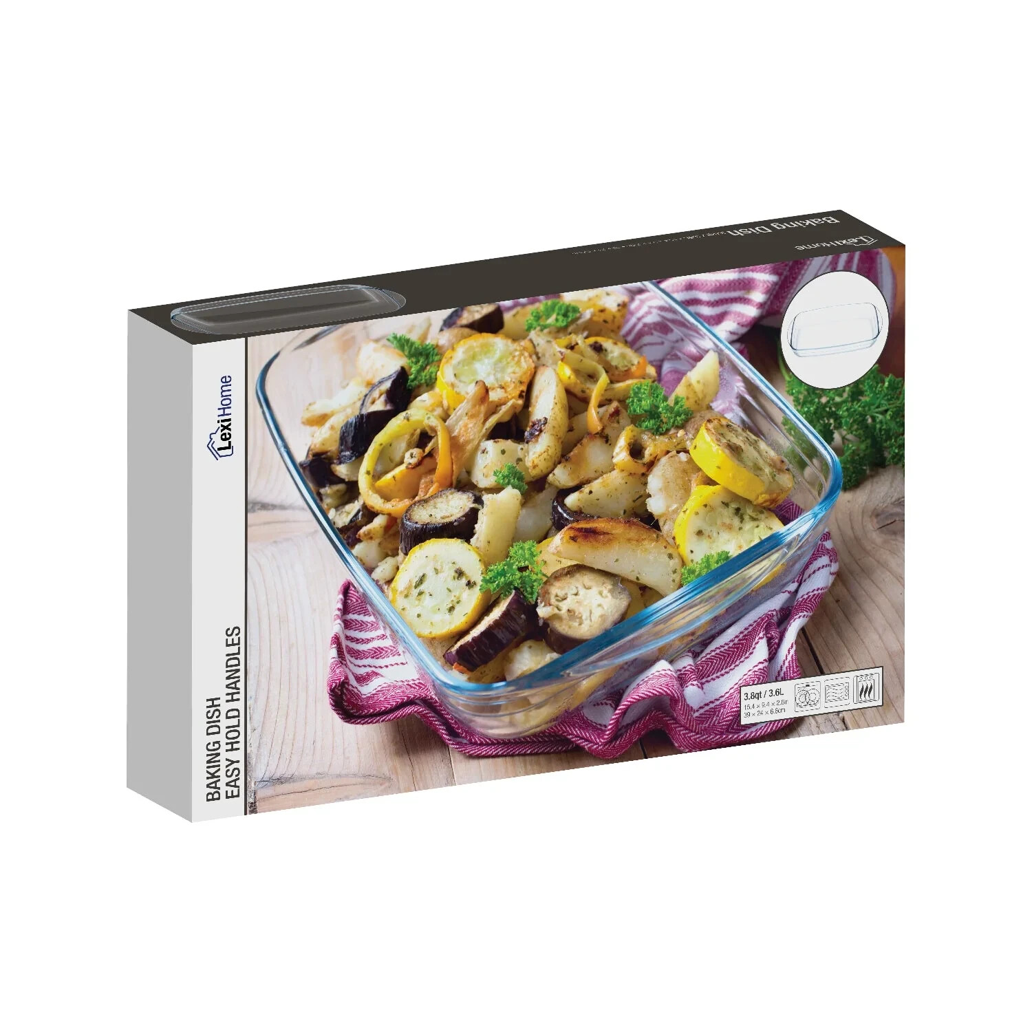 LexiHome Glass Casserole Baking Dish 3.8qt 3.6L Easy Hold Handles 15.4×9.4×2.6″