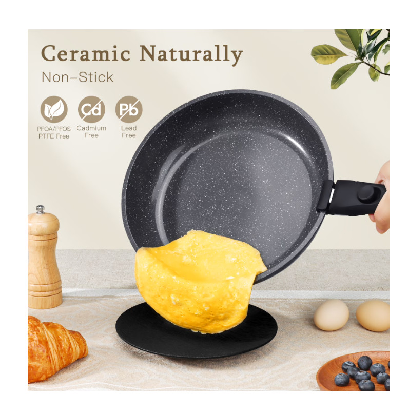 3pc Ceramic Nonstick Frying Pan Set Detachable Handle Oven Safe Induction