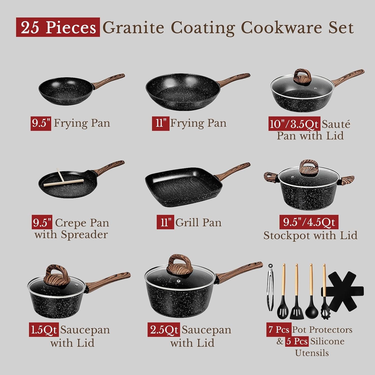 Nonstick Cookware Sets 25 Pcs Induction Ceramic Non-Toxic Pots & Pans