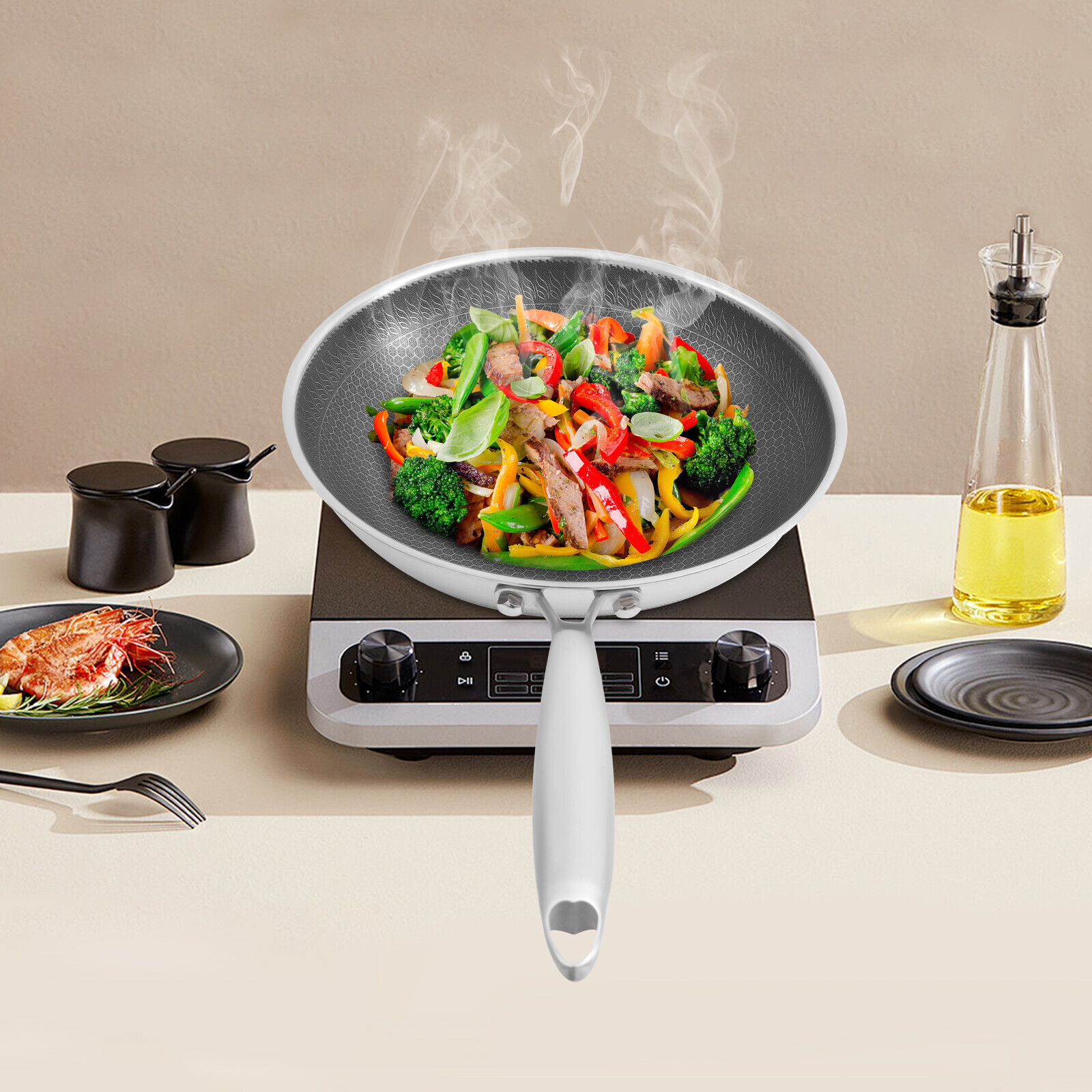 Honeycomb Wok, Stainless Steel Cooking Frying Pan, Stir-fry Pan 32*8.5cm
