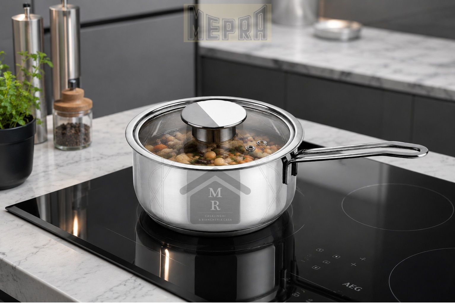 Stainless Steel Casserole Induction Bottom with Lid Pyrex Gourmet Line Mepra
